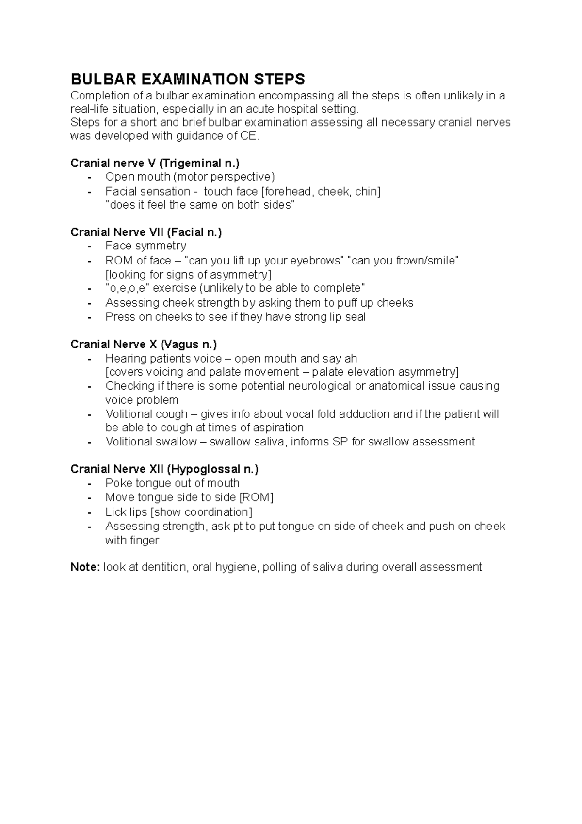Bulbar Examination Steps: A Comprehensive Guide for Assessment - Studocu