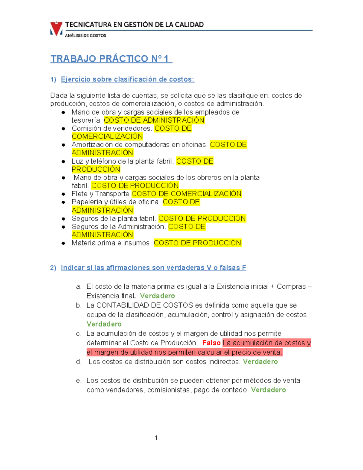TP1 - Ejercicios Prácticos de Análisis de Costos y Clasificación - Studocu