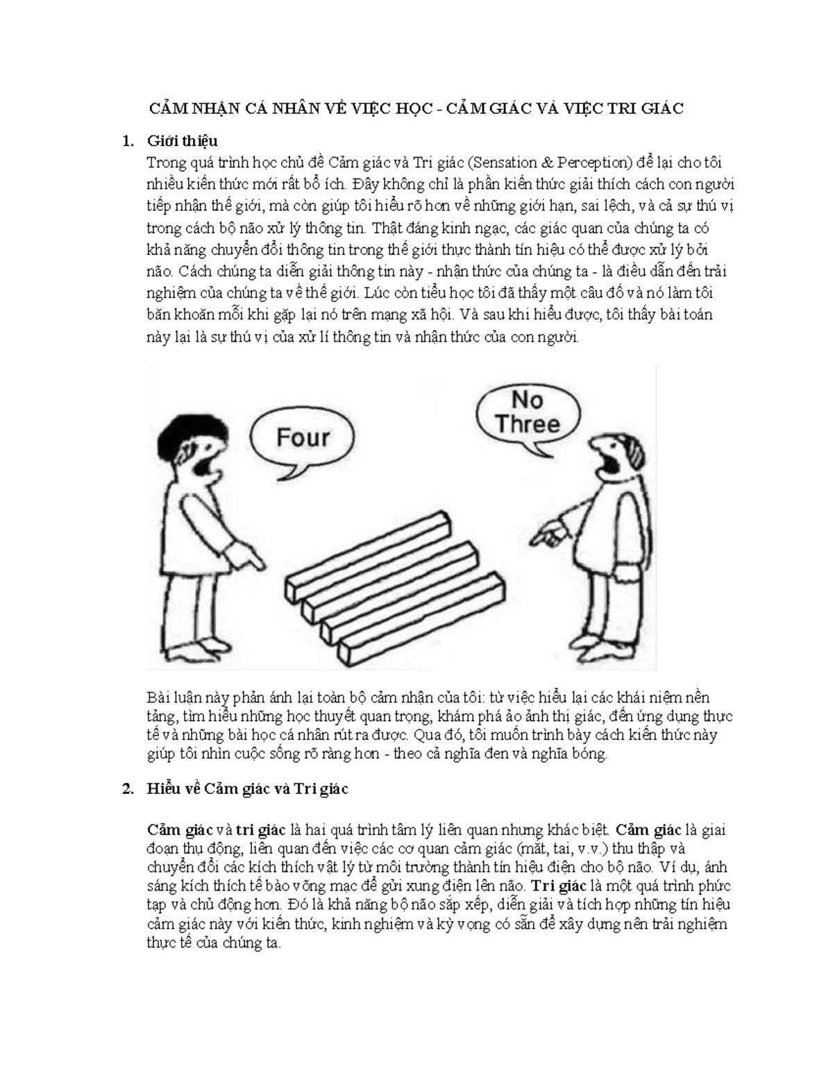 CẢM NHẬN CÁ NHÂN VỀ CẢM GIÁC VÀ TRI GIÁC - TÀI LIỆU HỌC 1 - Studocu