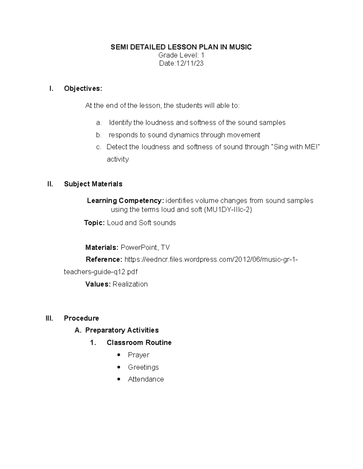 MU1DY: Semi-Detailed Music Lesson Plan on Sound Dynamics for Grade 1 ...