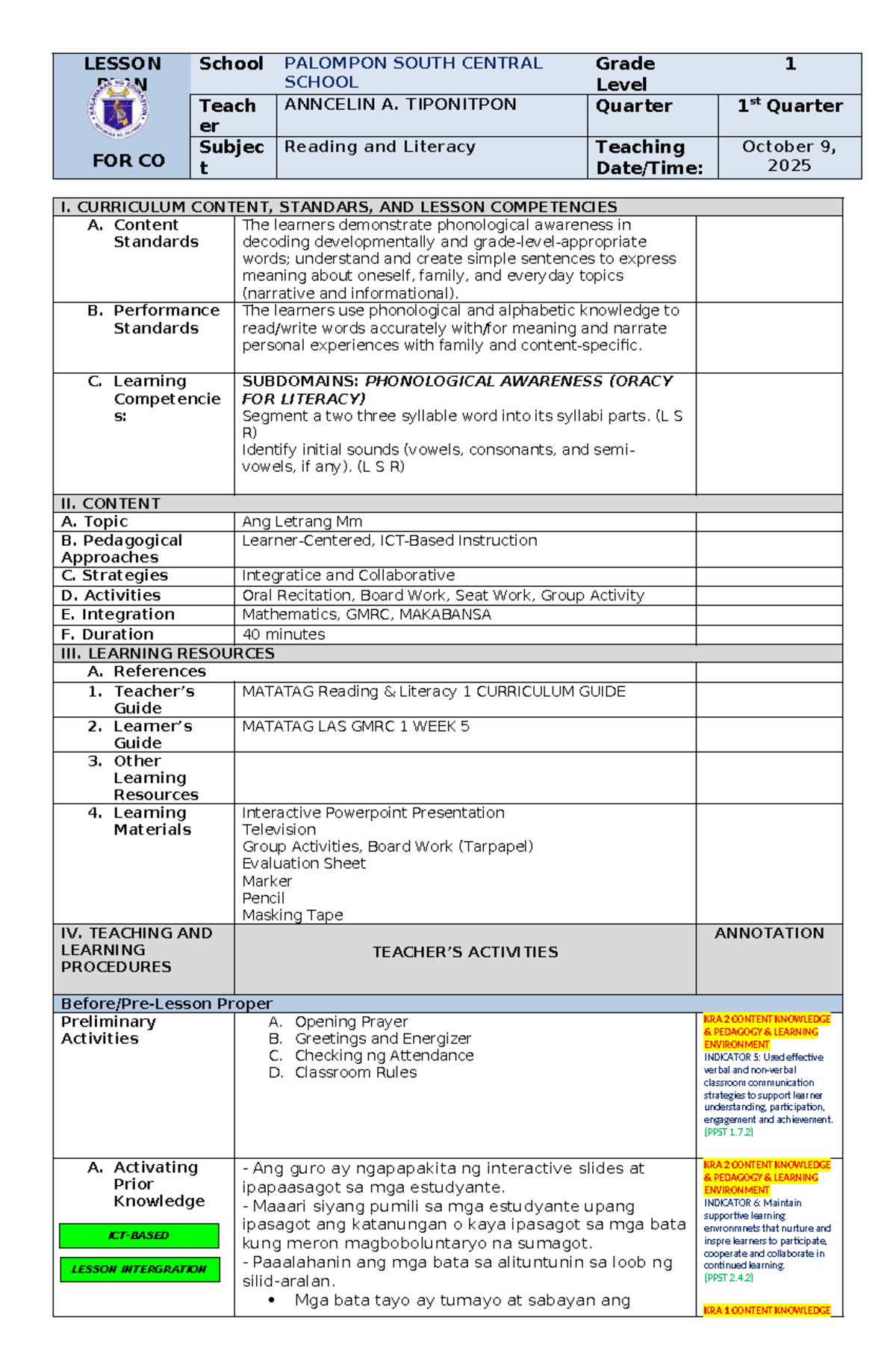 DLP COT Q1: Lesson Plan for Reading & Literacy (Grade 1) - Studocu