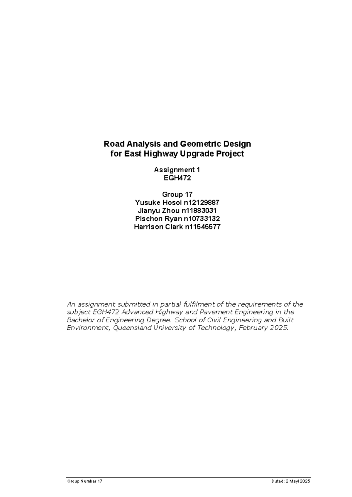 EGH472 Assignment 1: Road Analysis & Geometric Design for East Highway ...