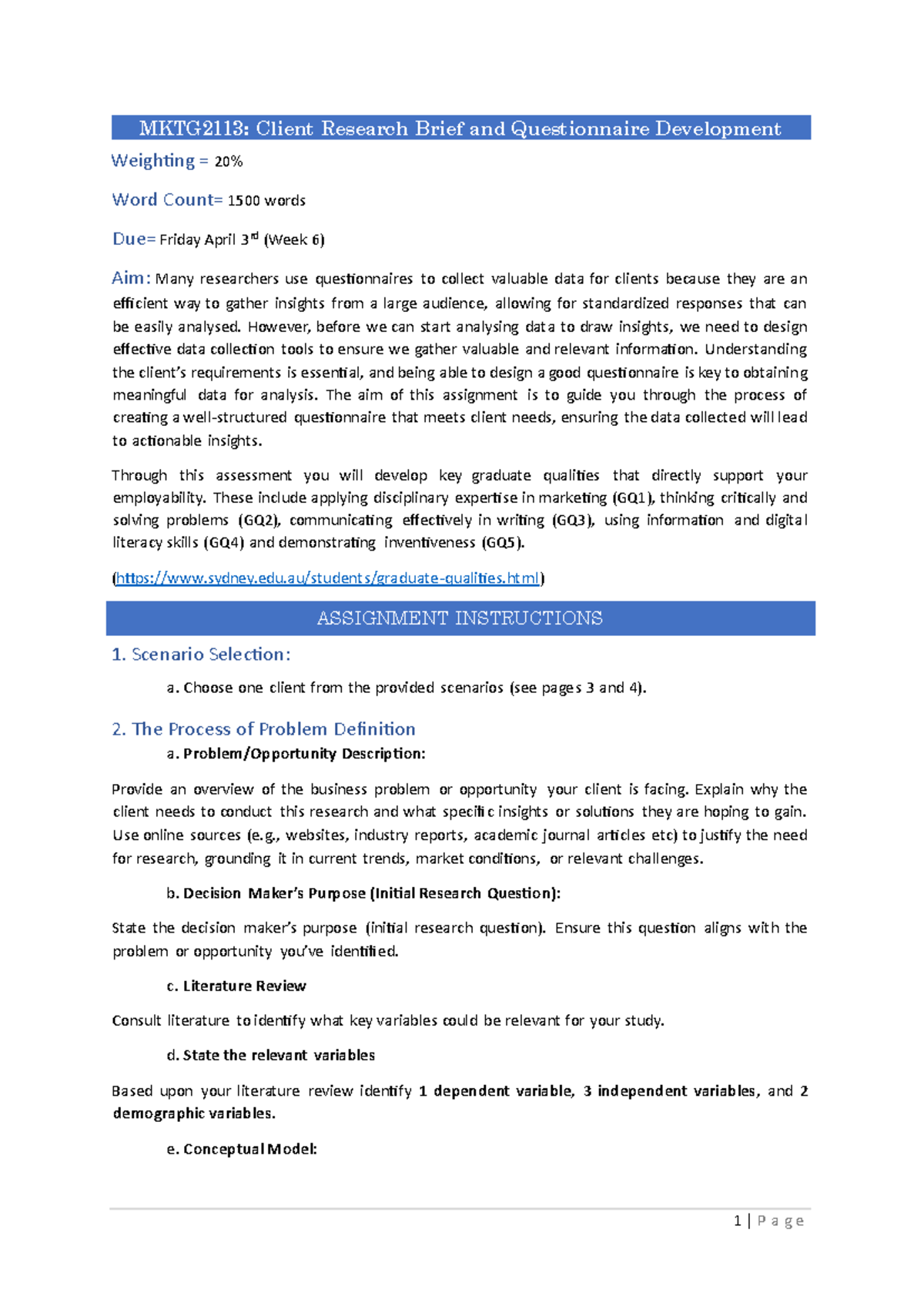MKTG2113: Client Research Brief & Questionnaire Design Guide - Studocu