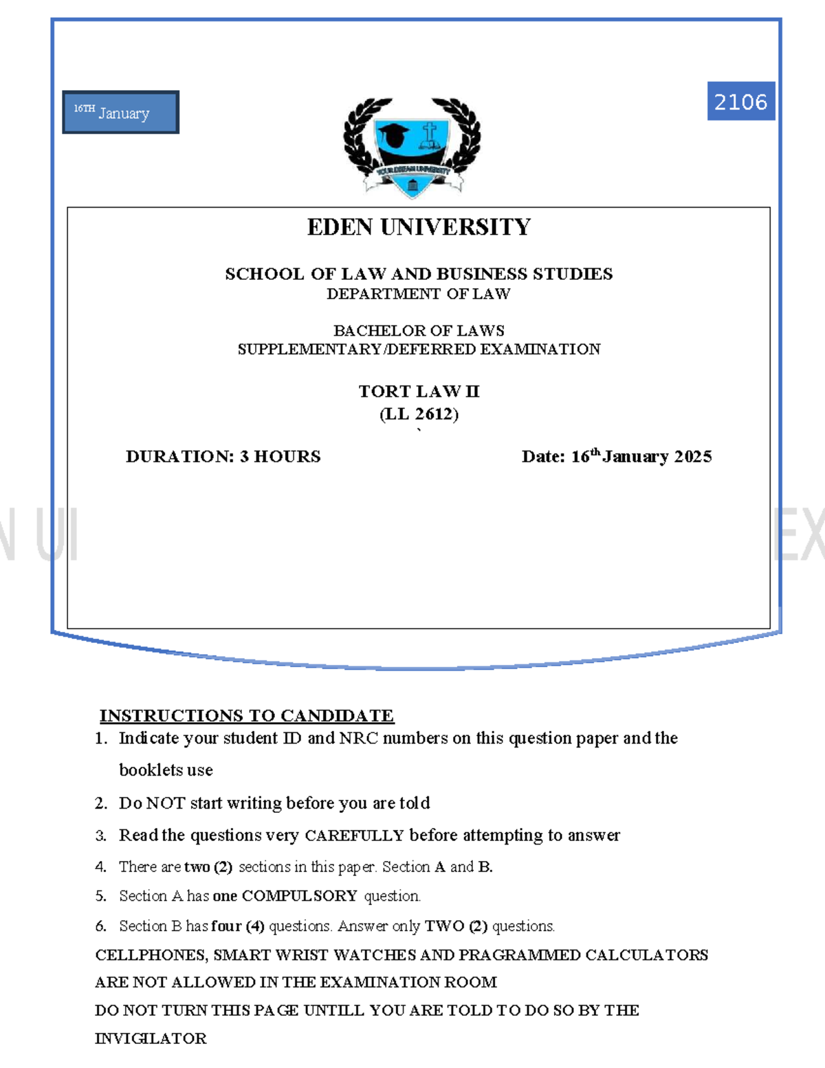 Tort Law II (LL 2612) 2025 Exam Instructions and Case Analysis - Studocu