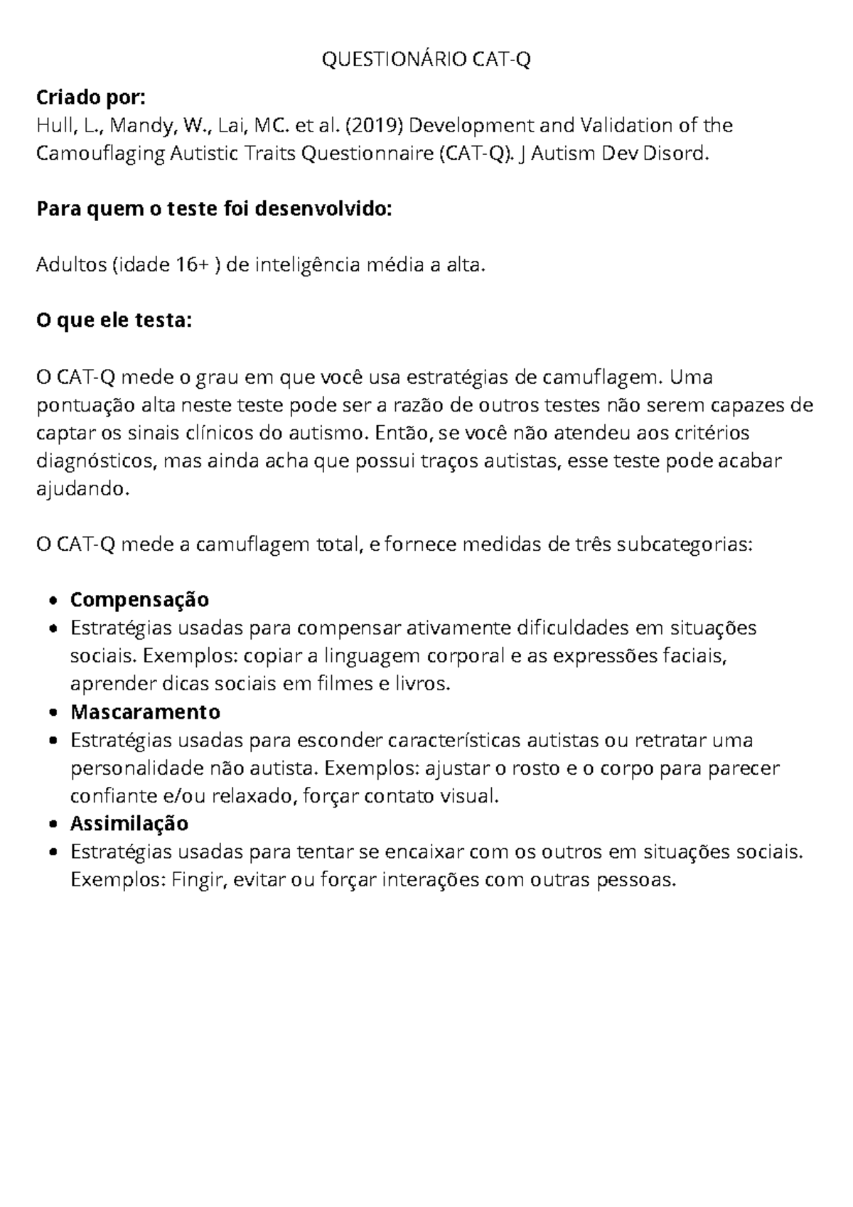 Questionário CAT-Q: Avaliação de Traços Autistas e Camuflagem - Studocu