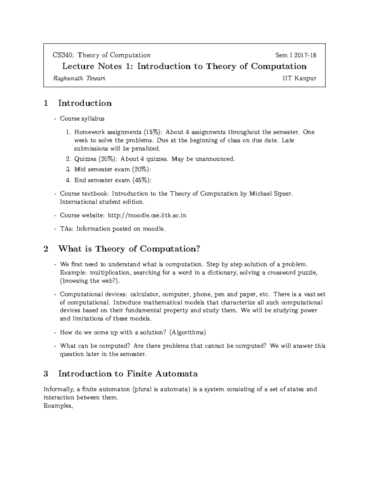 CS340: Lecture Notes on Theory of Computation (Sem I 2017) - Studocu