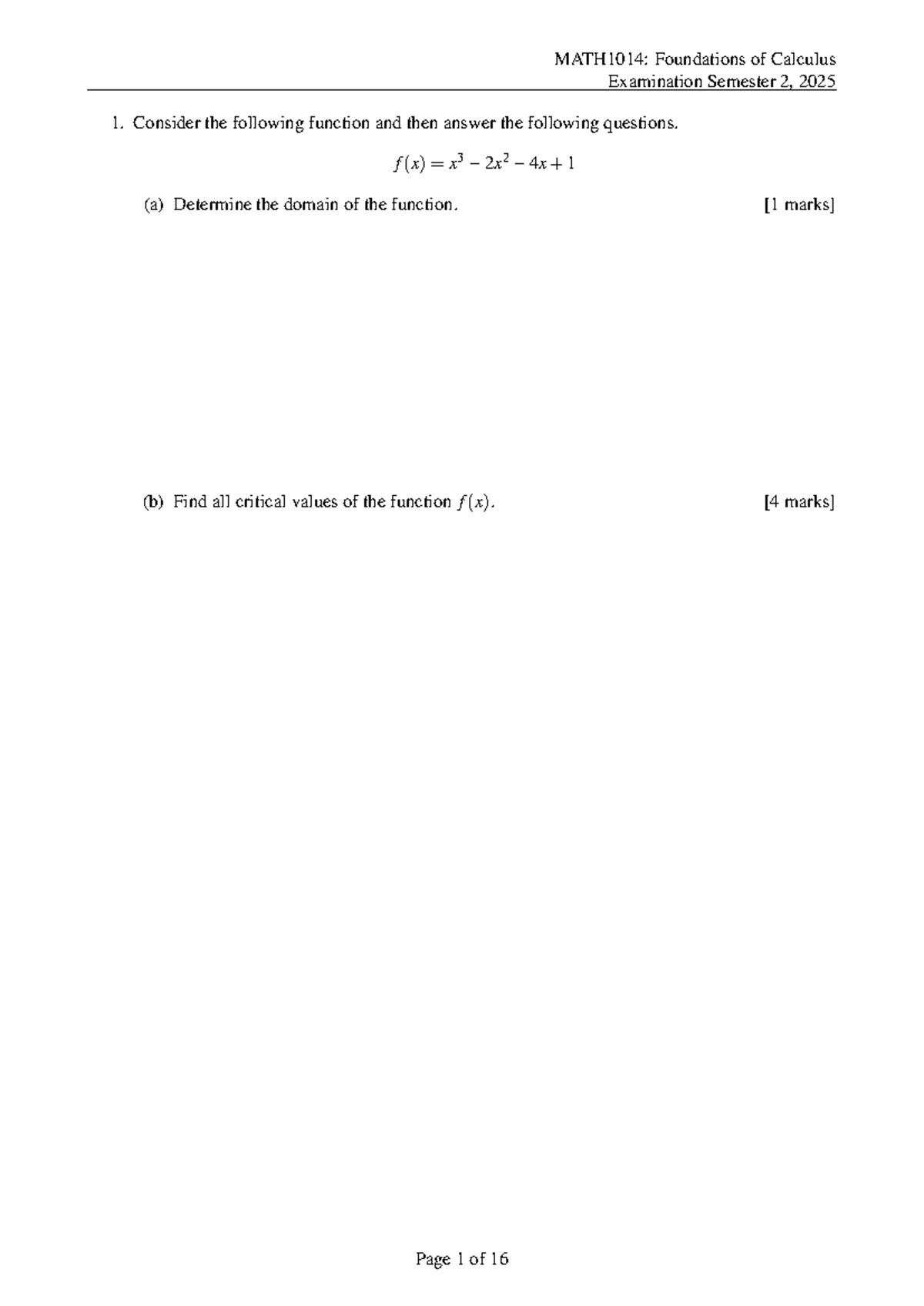 MATH1014: Foundations of Calculus Final Exam Semester 2, 2025 - Studocu
