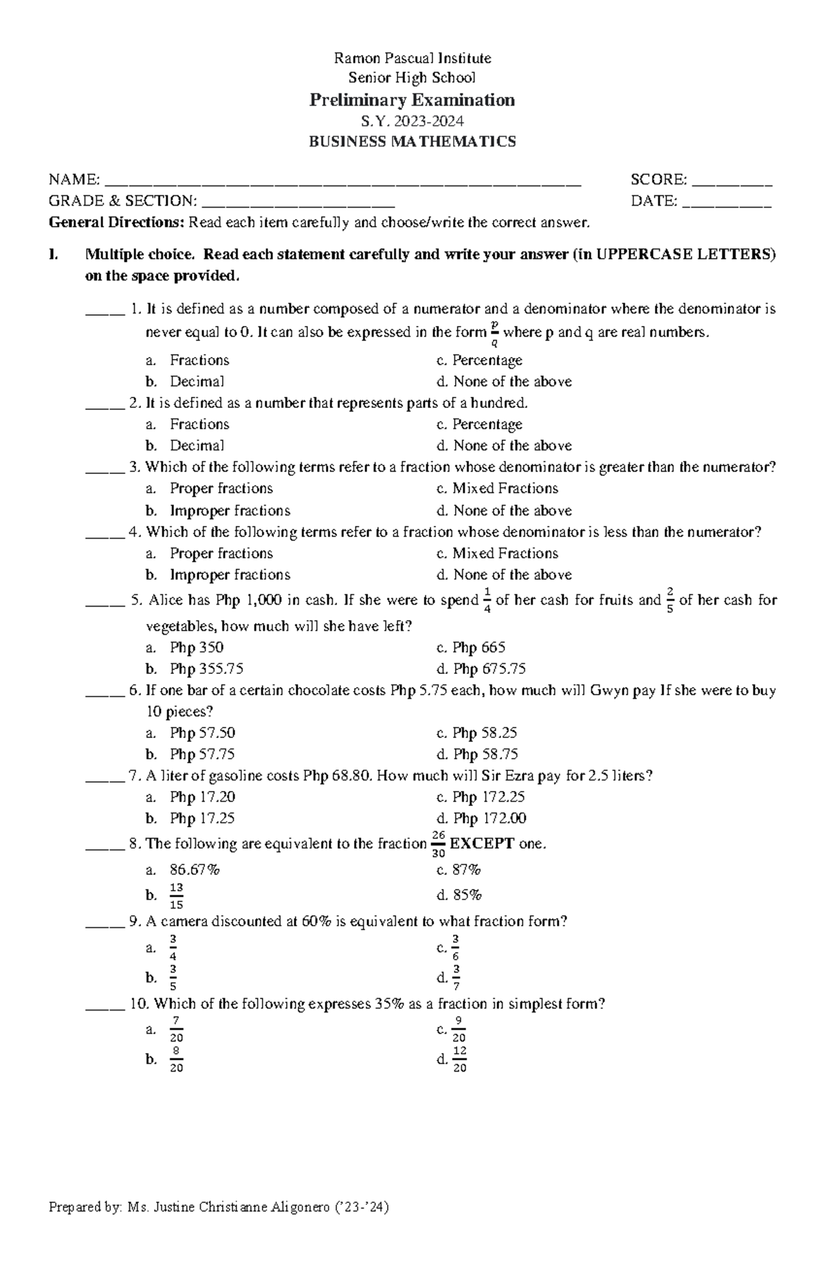 G11 BUSMATH Prelims Exam (S. 2023-2024) by Ms. Aligonero - Studocu