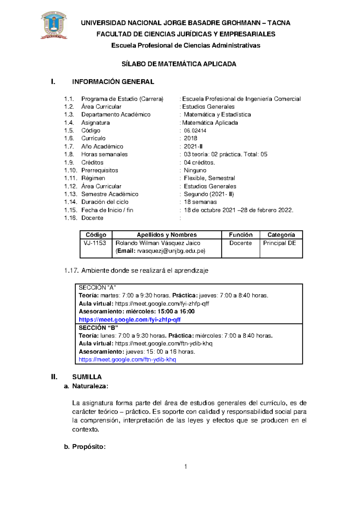 Sílabo de Matemática Aplicada 06.02414 - 2021-II, Docente: Rolando Vásquez - Document Preview
