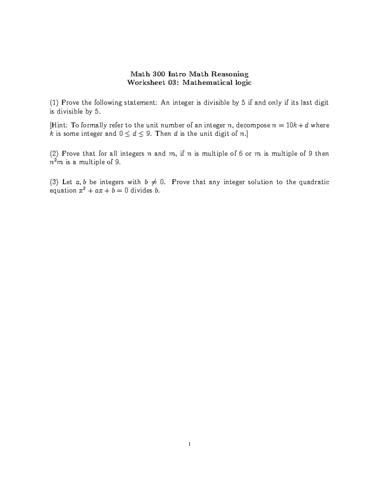 Math 300 Final Exam Worksheet 03: Mathematical Logic Solutions - Studocu
