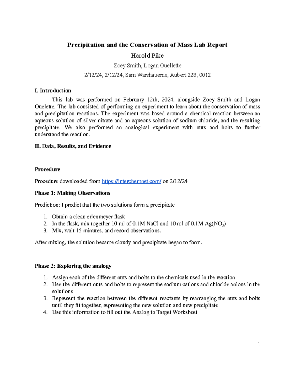 Chemistry 101: Precipitation & Conservation of Mass Lab Report - Studocu