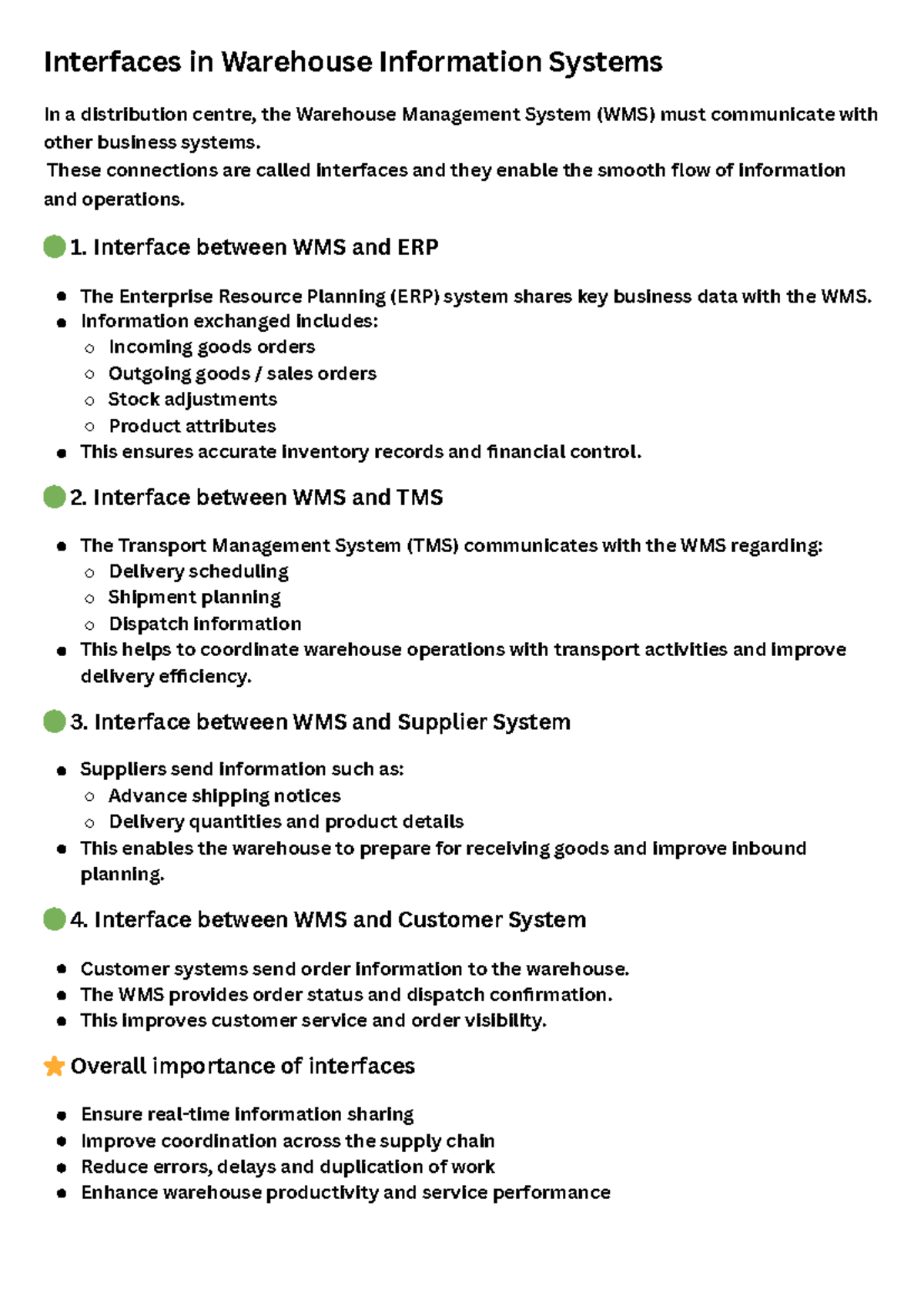 WMS Interfaces: Enhancing Coordination in Warehouse Systems - Studocu