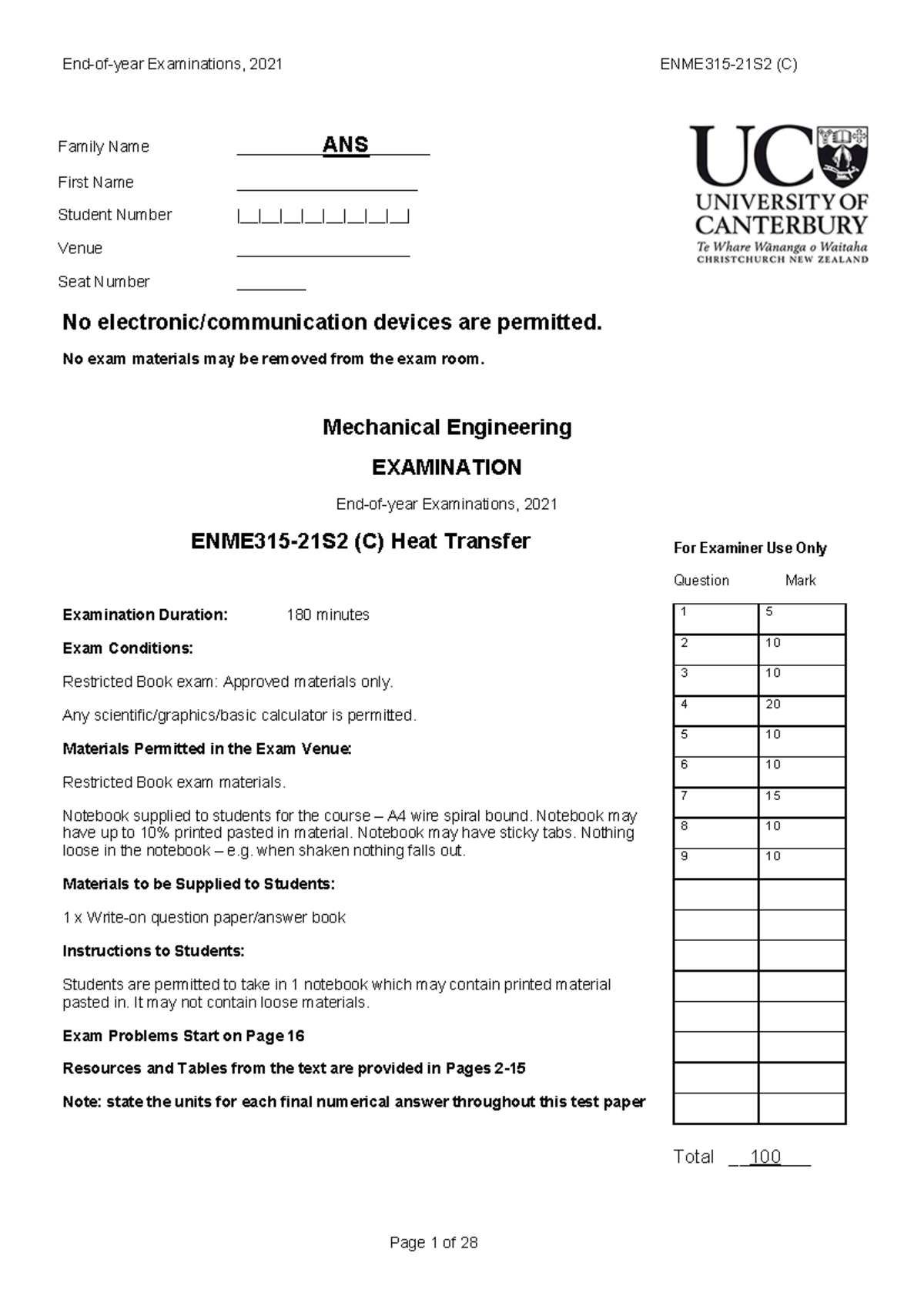 ENME315 Final Exam 2021 Heat Transfer Solutions and Guidelines - Studocu
