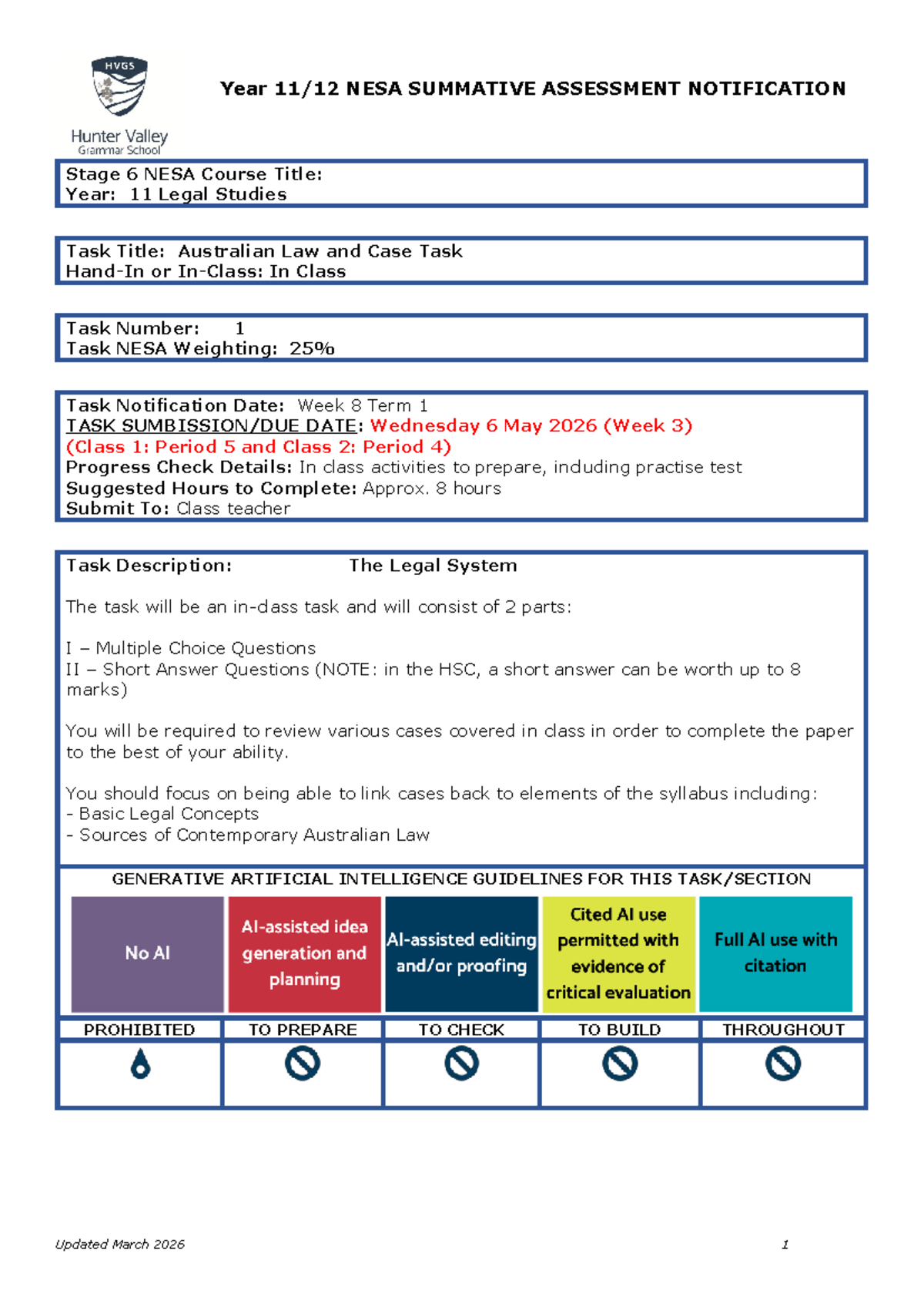 Year 11 Legal Studies Task 1 2026 Assessment Notification - Studocu