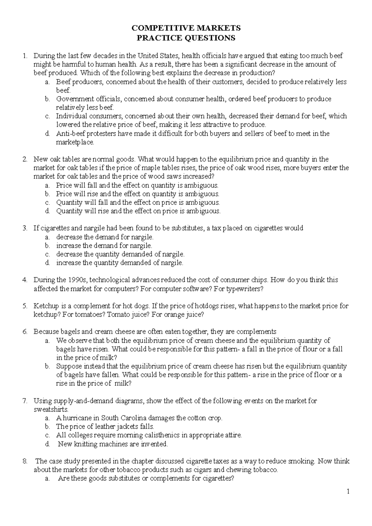 ECON 101: Competitive Markets - Key Concepts and Practice Questions ...
