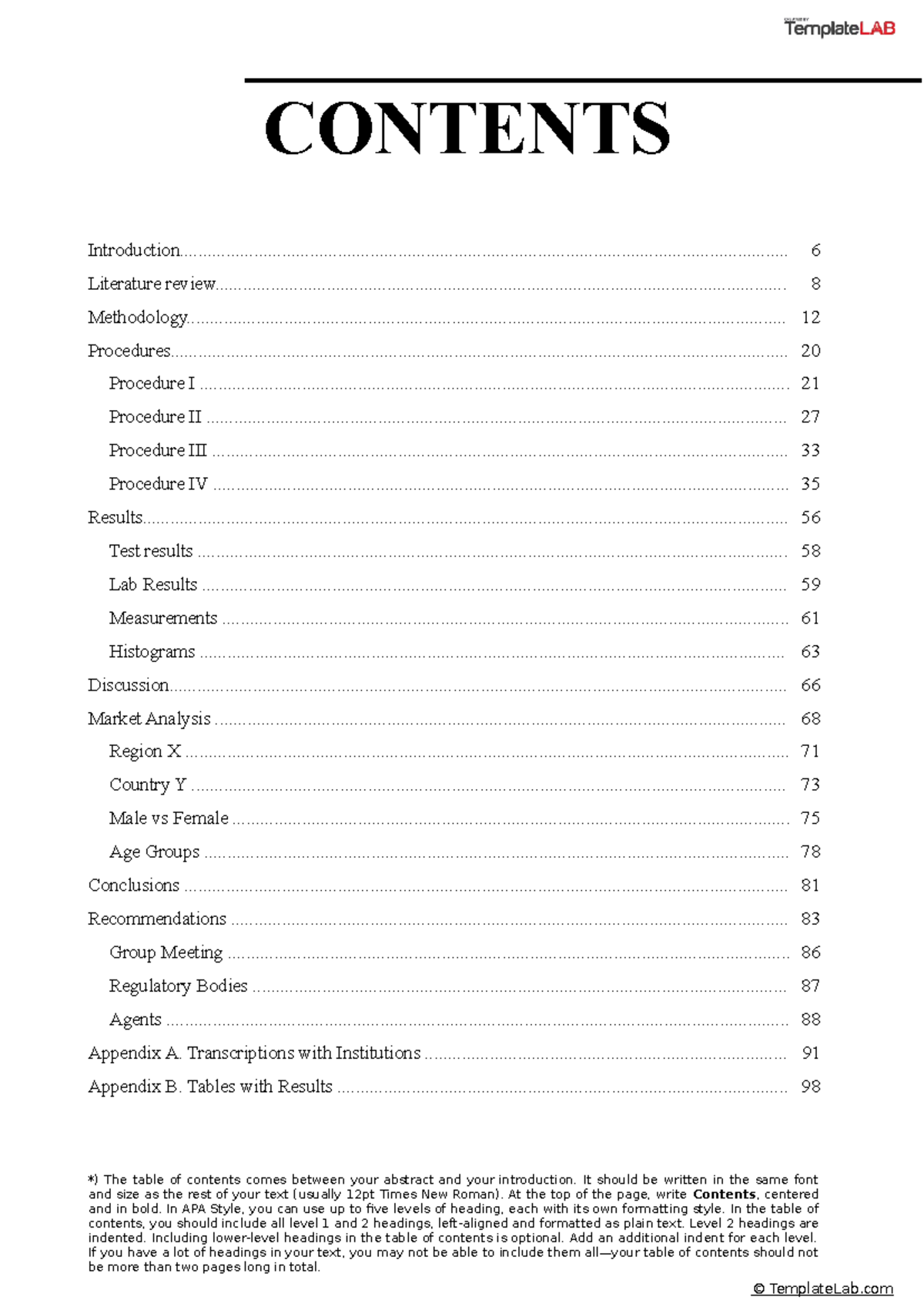 APA Table of Contents Template for Lab Report - Studocu