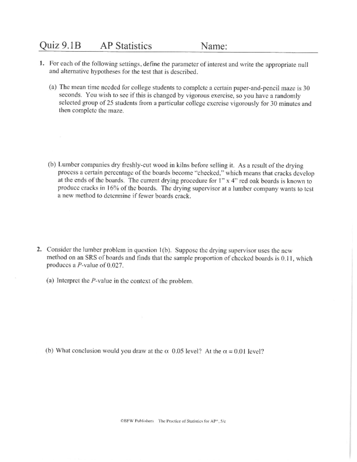 Quiz 9.1B: AP Statistics Parameter & Hypothesis Testing Practice - Studocu