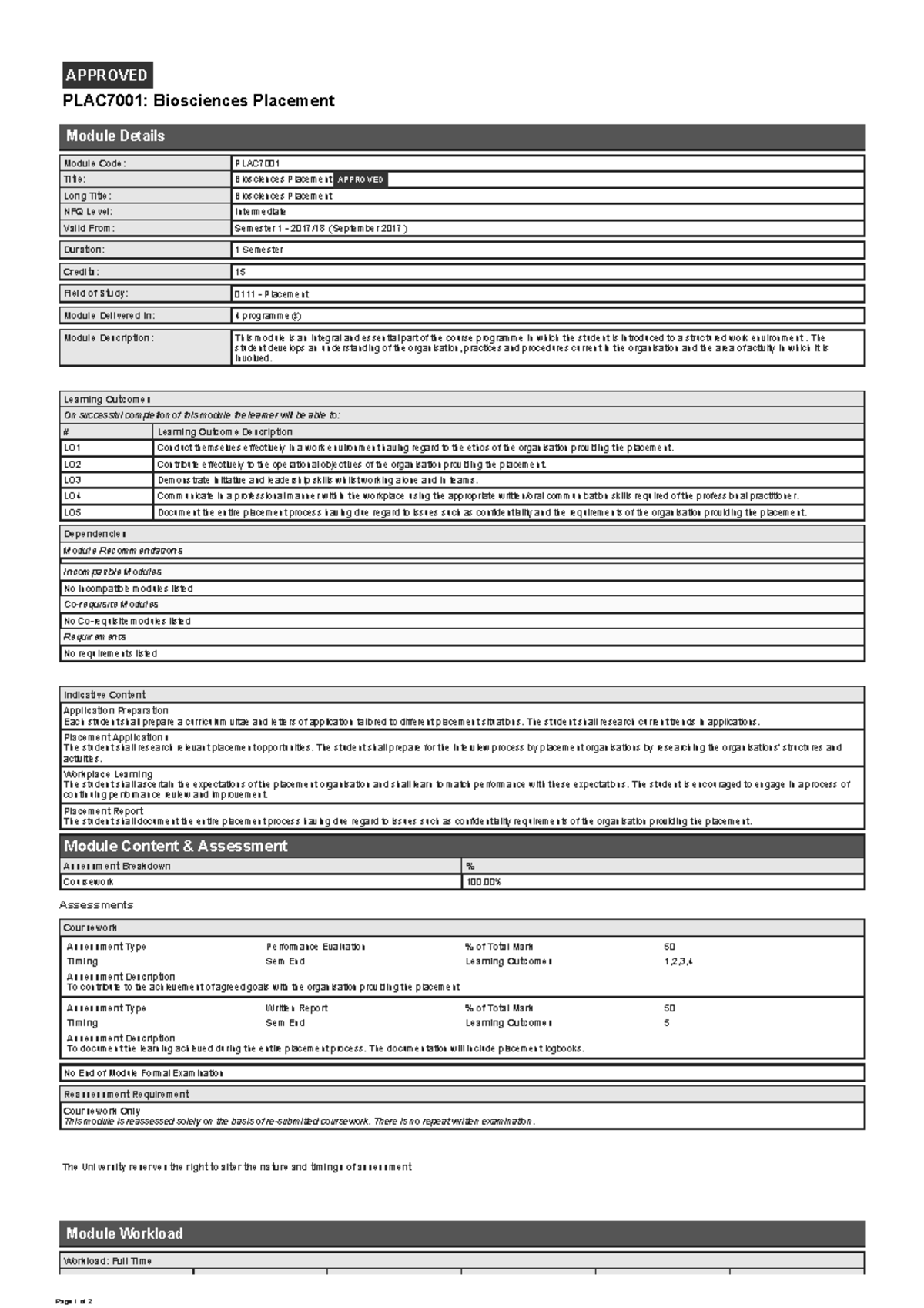 PLAC7001: Biosciences Placement Module Overview and Details - Studocu