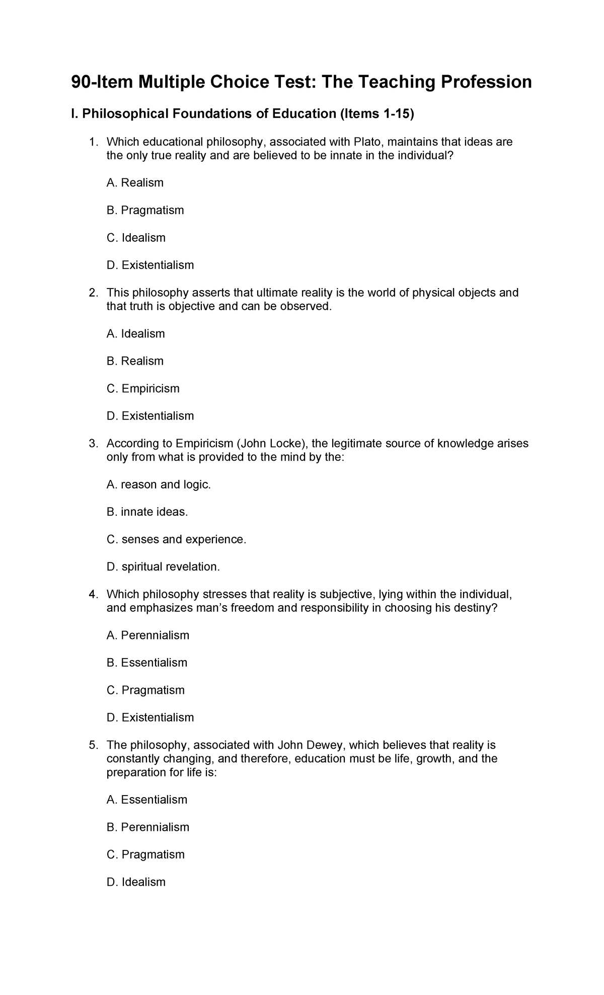 Multiple Choice Test: Teaching Profession I - Philosophical Foundations ...