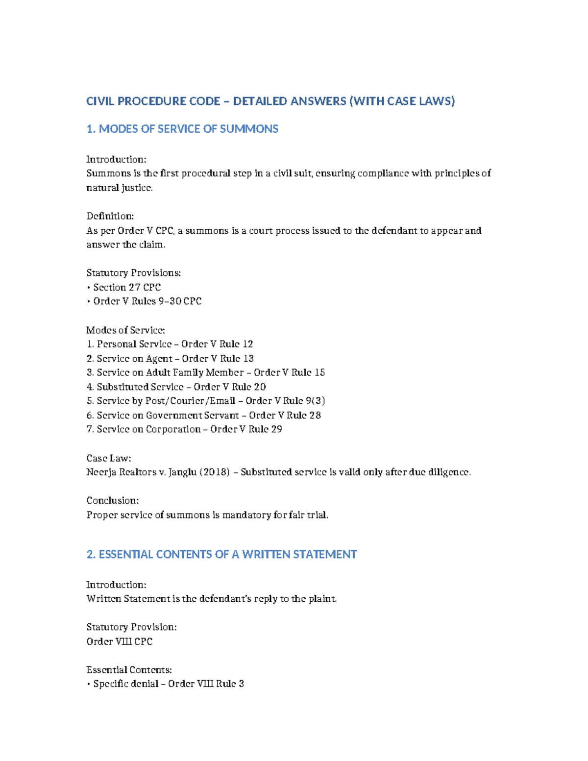 CPC DETAILED ANSWERS: MODES OF SERVICE & WRITTEN STATEMENTS - Studocu