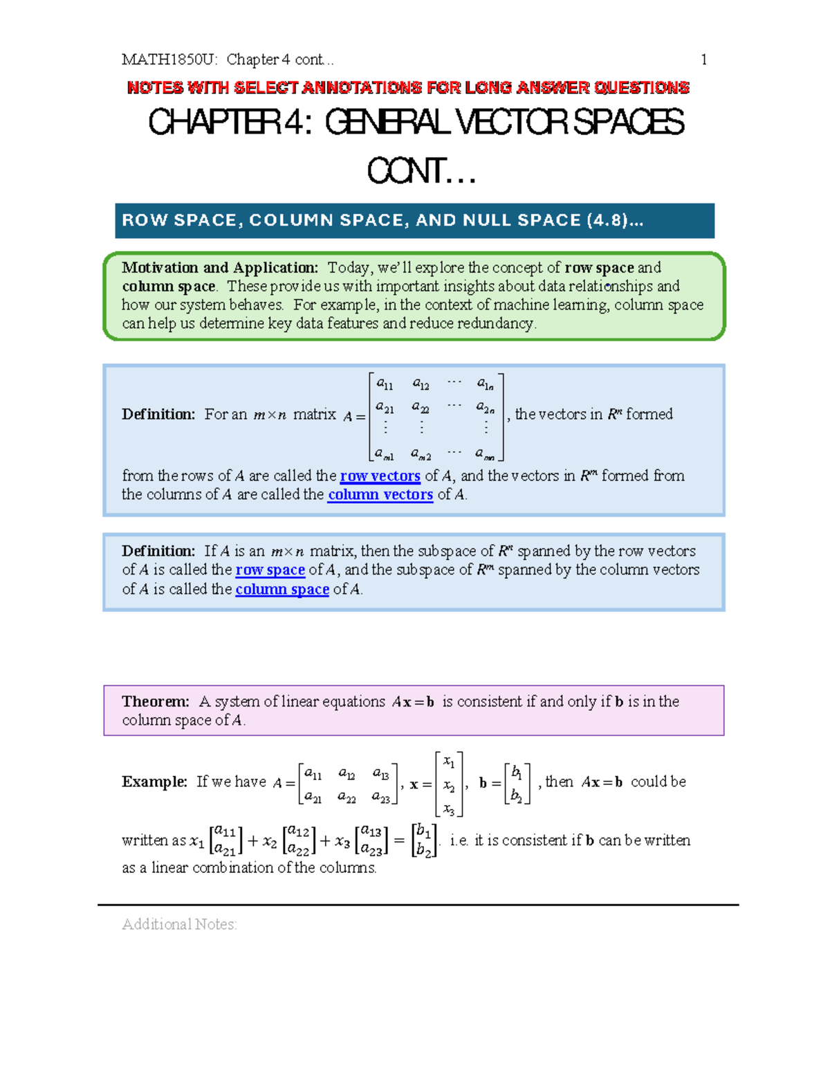 MATH1850U: Chapter 4 - Row, Column Space & Nullity Insights - Studocu