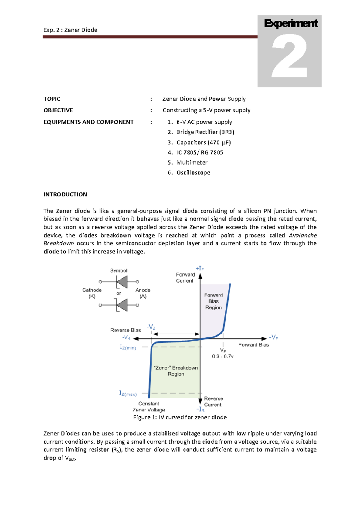PHY547 - Lab Manual-Exp2 Simulation - Exp. 2 : Zener Diode M TOPIC ...