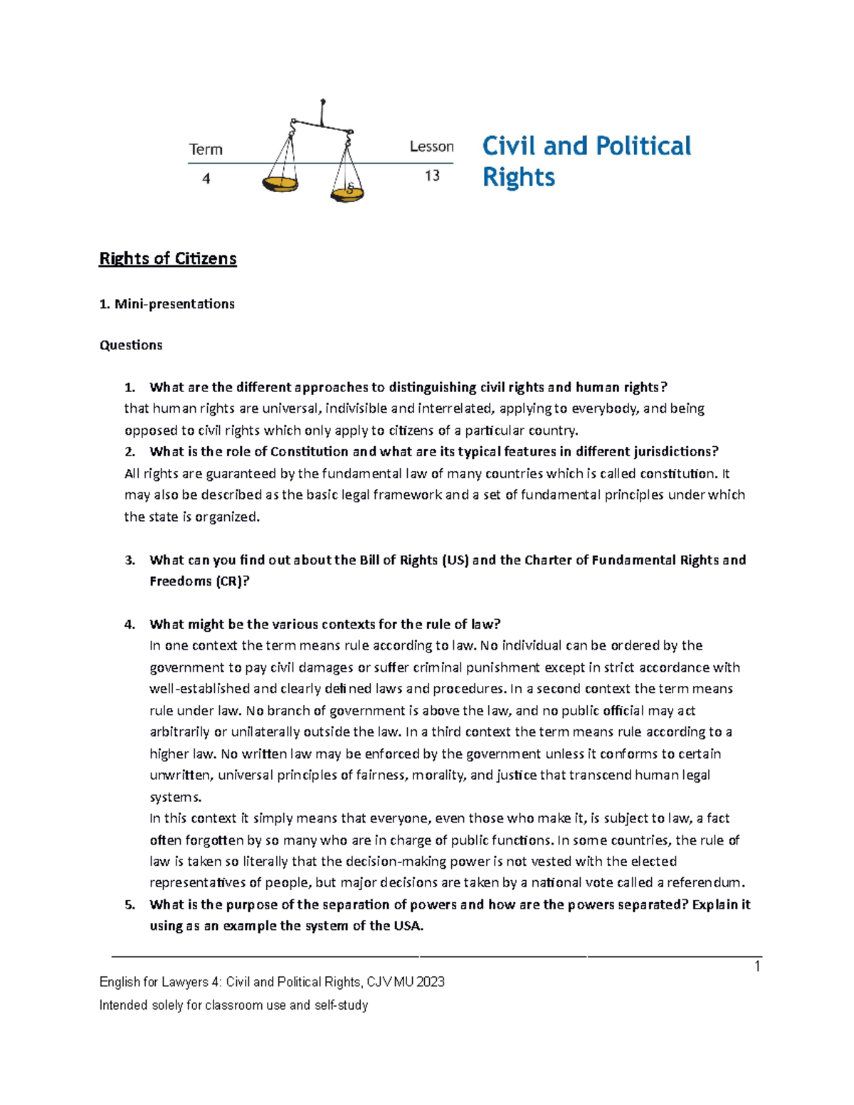 Lesson 13: Exploring Civil and Political Rights - CJV MU 2023 - Studocu