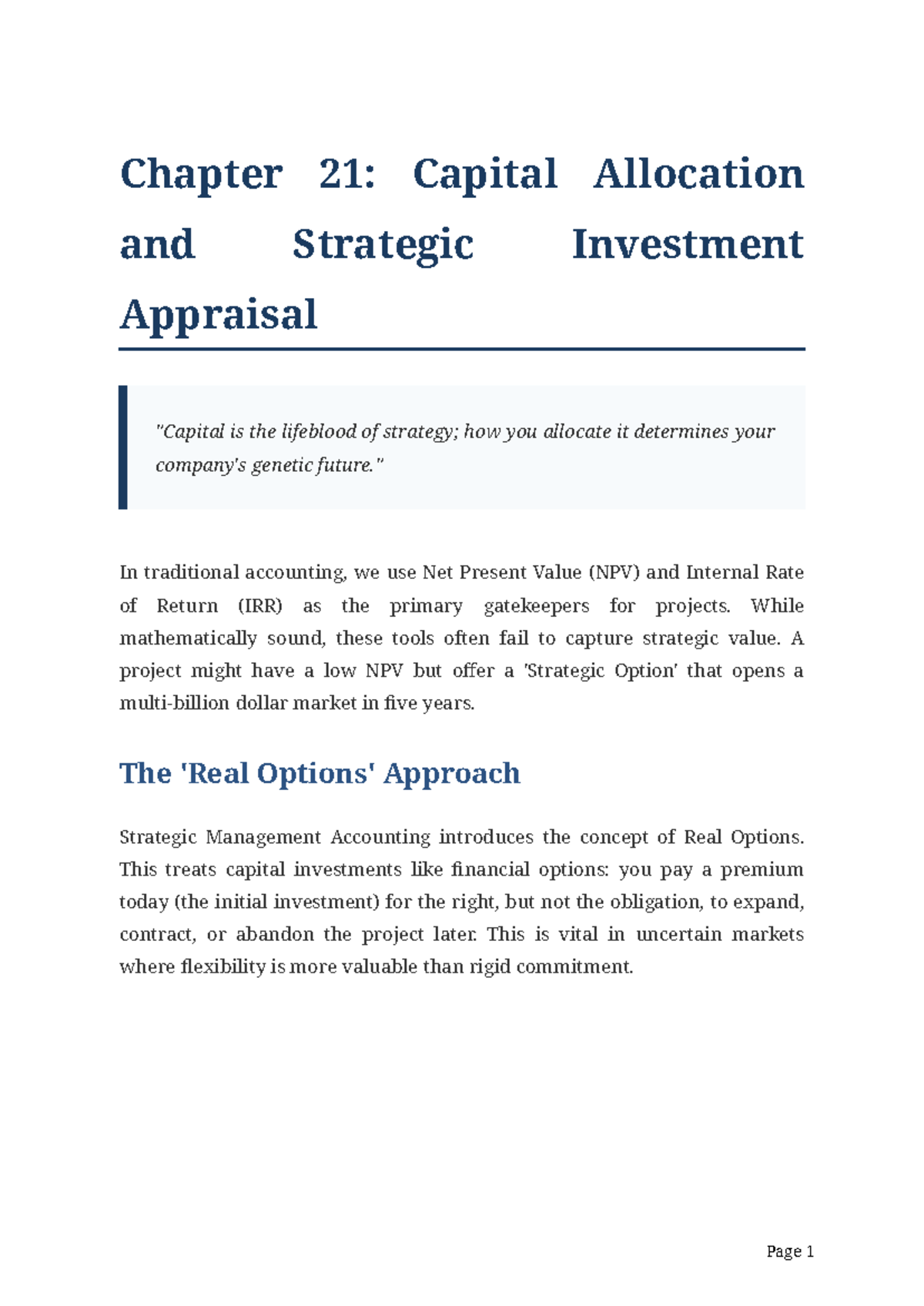 Chapter 21: Capital Allocation & Strategic Investment Appraisal - Studocu