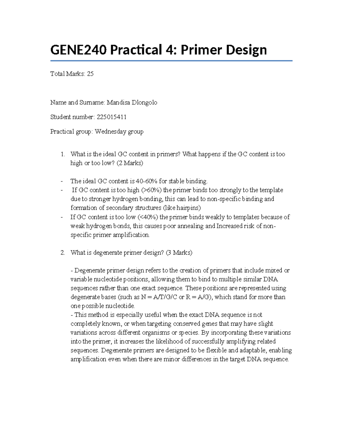 GENE240 Practical 4: Primer Design Guidelines and Challenges - Studocu