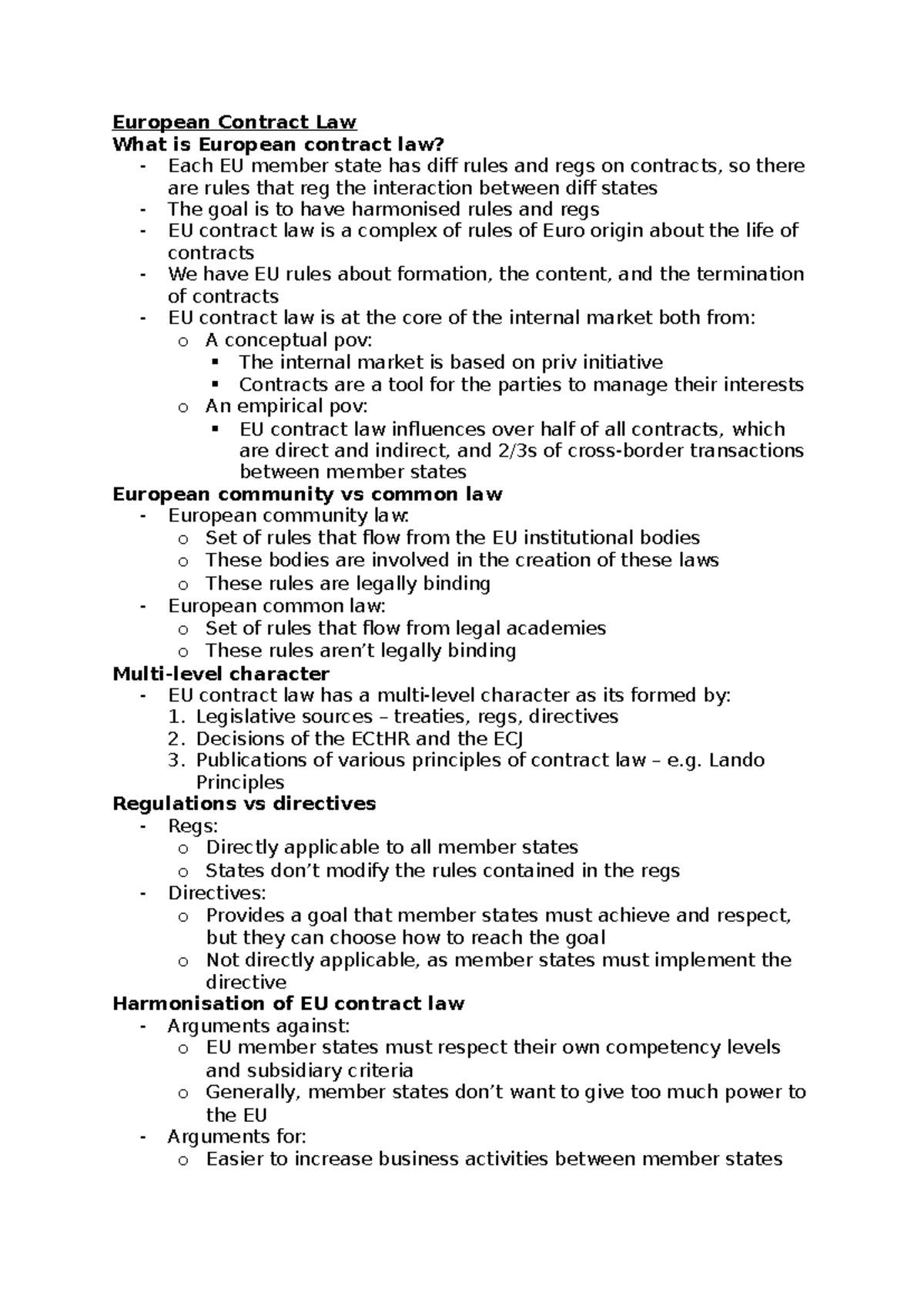 European Contract Law: Final Exam Notes (Course Code: LAW101) - Studocu