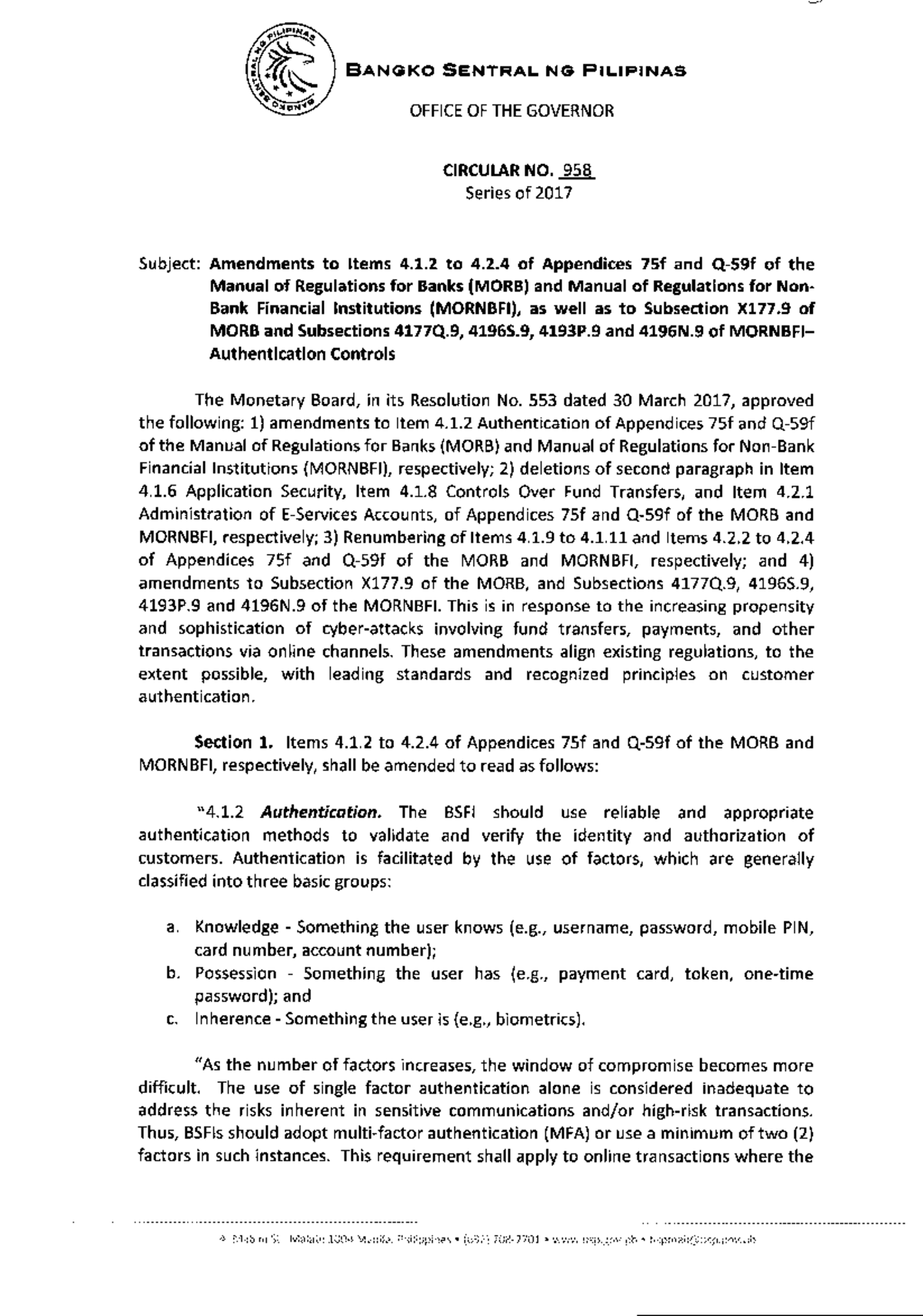BSP Circular 958 - Amendments to Banking Regulations on Authentication ...