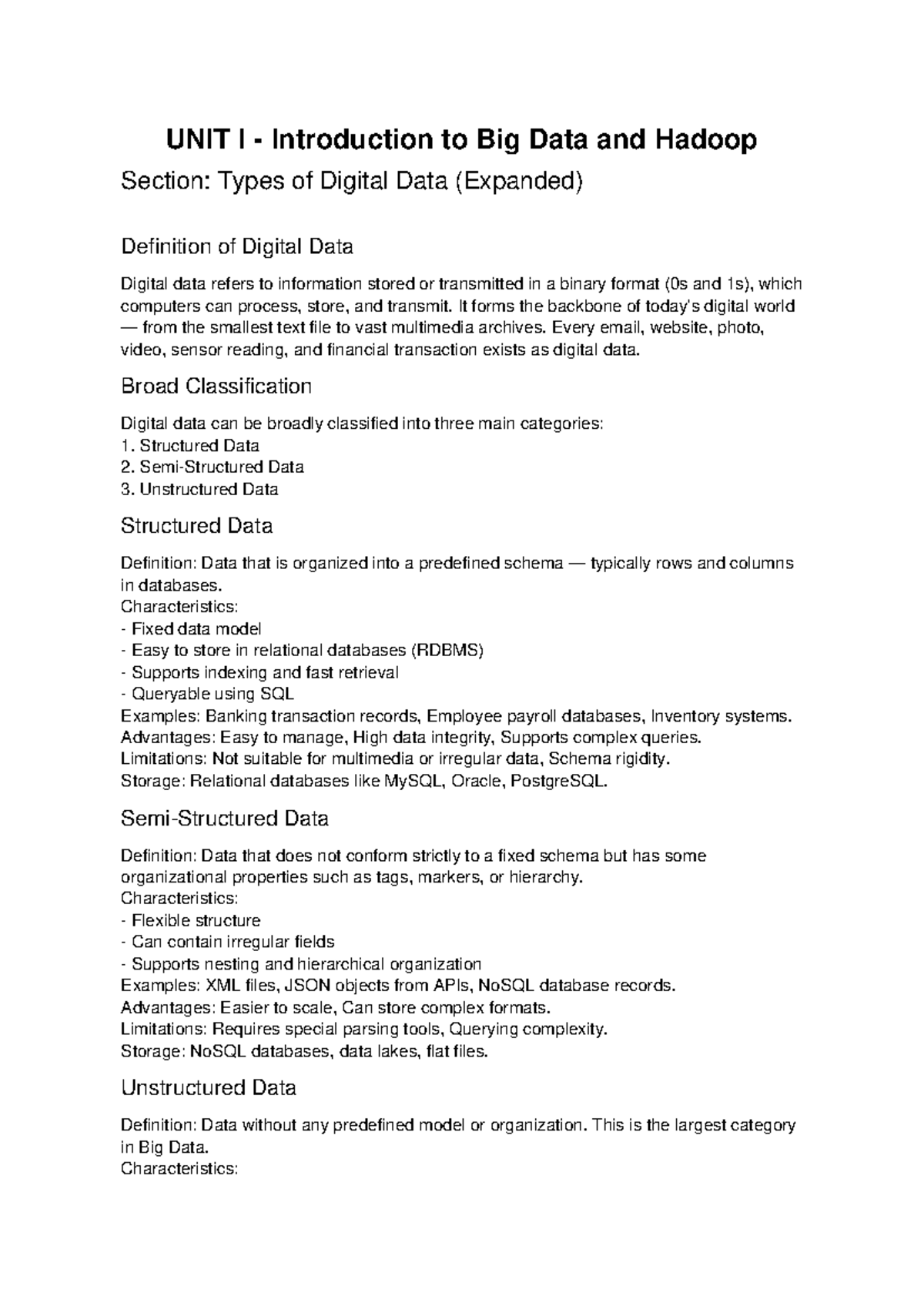 UNIT I: Types of Digital Data in Big Data & Hadoop - Studocu
