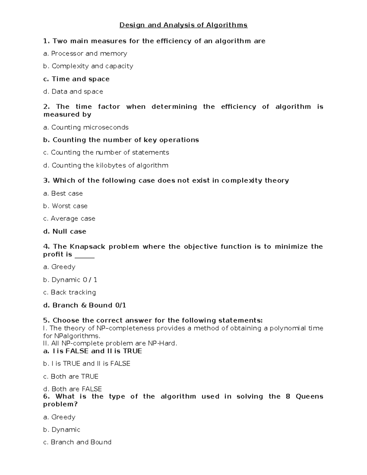 Design and Analysis of Algorithms: Key Concepts and Questions - Studocu