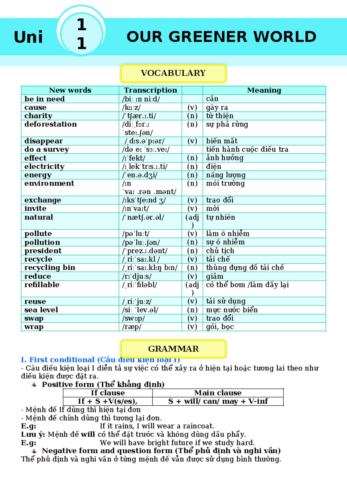 2526 ANH 6 UNIT 11 - Vocabulary and Grammar for a Greener World - Studocu