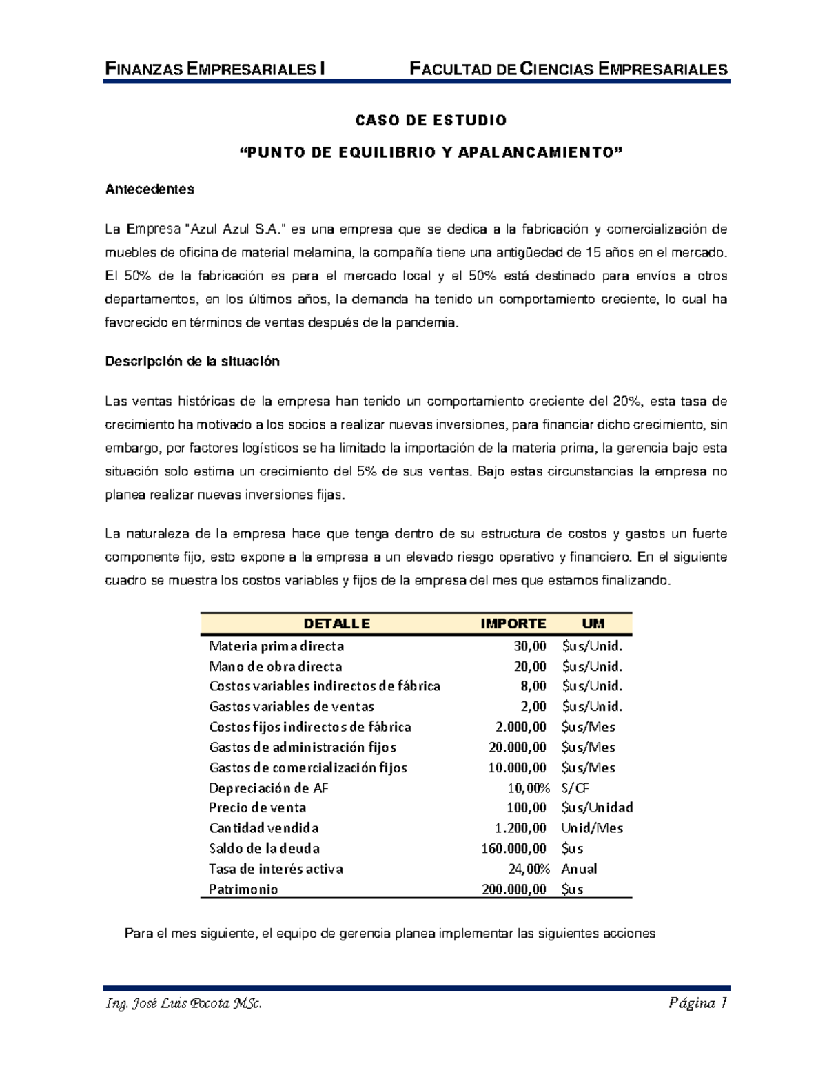 Caso de Estudio: Punto de Equilibrio y Apalancamiento - FINANZAS ...