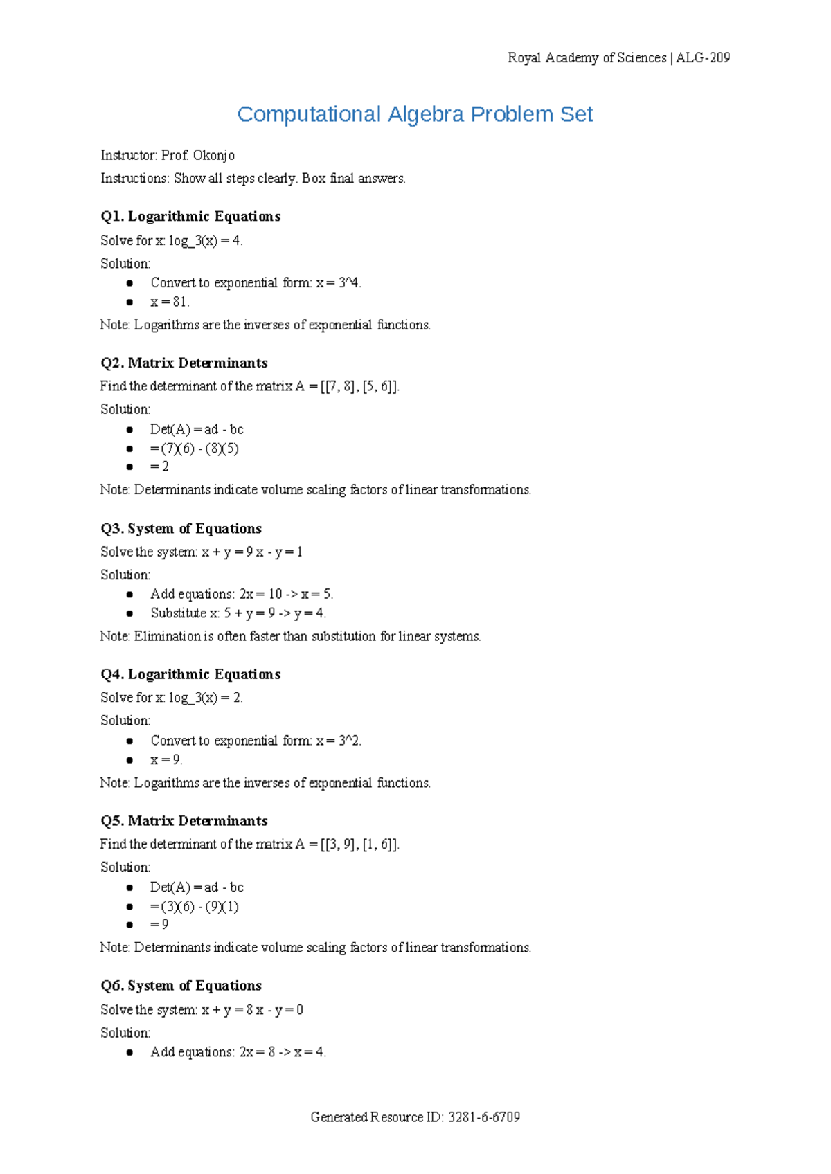 ALG-209 Computational Algebra Problem Set: Logarithms & Matrices - Studocu