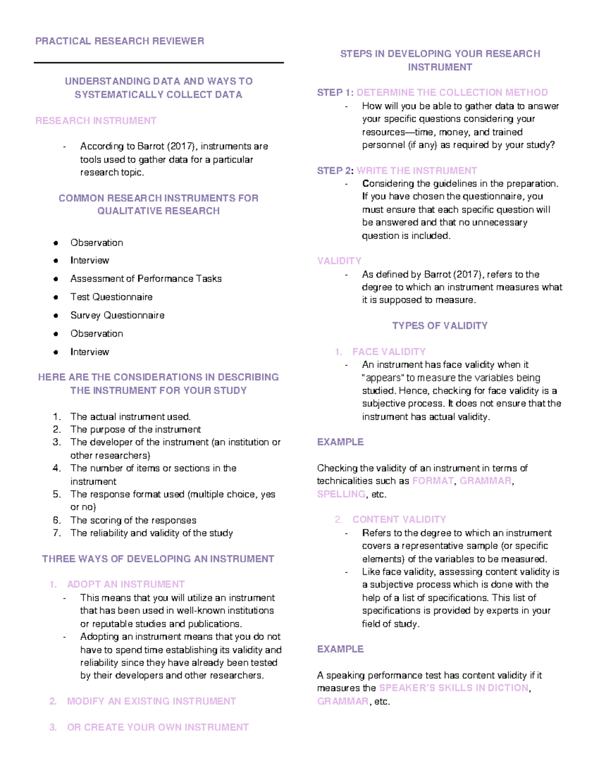 Practical Research Reviewer: Data Collection & Instruments Guide - Studocu
