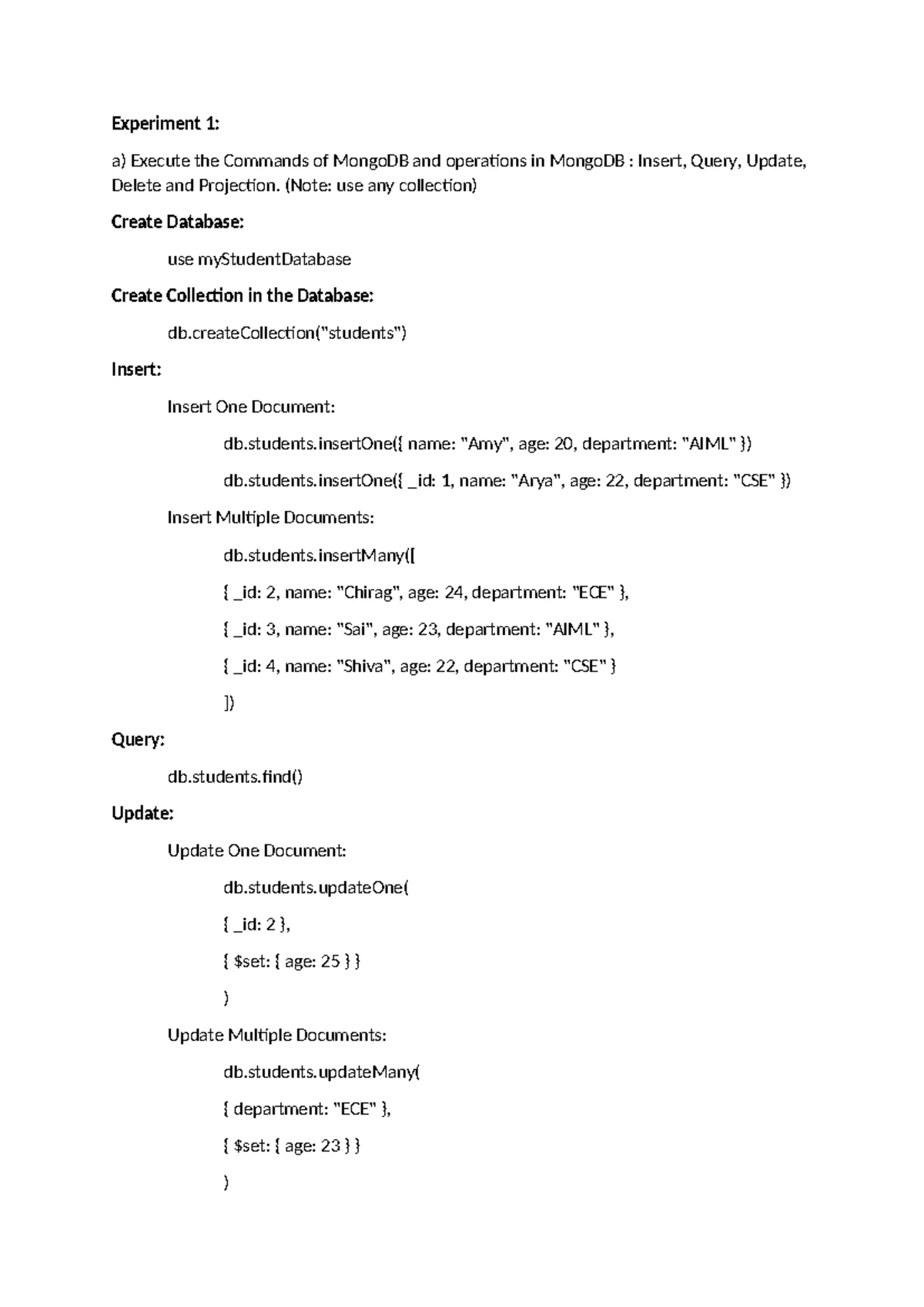 MongoDB Experiment 4: Using Projection Operators and Embedded Docs ...