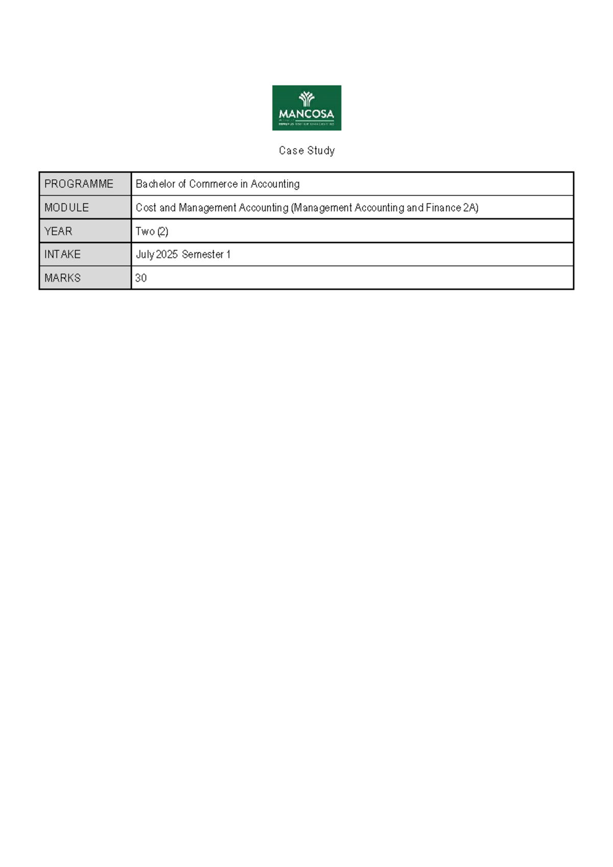 Case Study: Cost & Management Accounting (MGT 2A) - July 2025 Exam ...