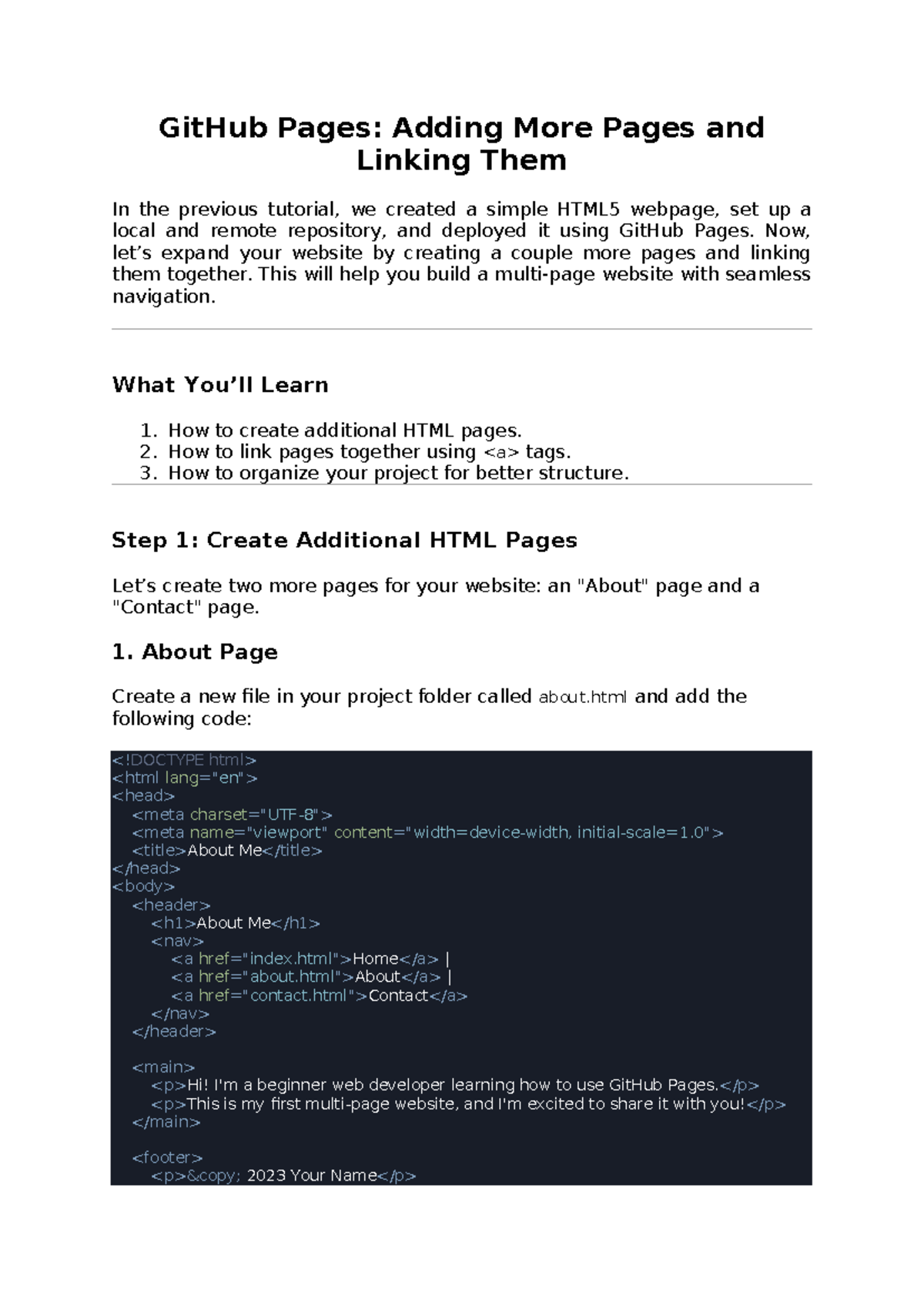 Tutorial 2 - Adding More Pages - GitHub Pages: Adding More Pages and ...