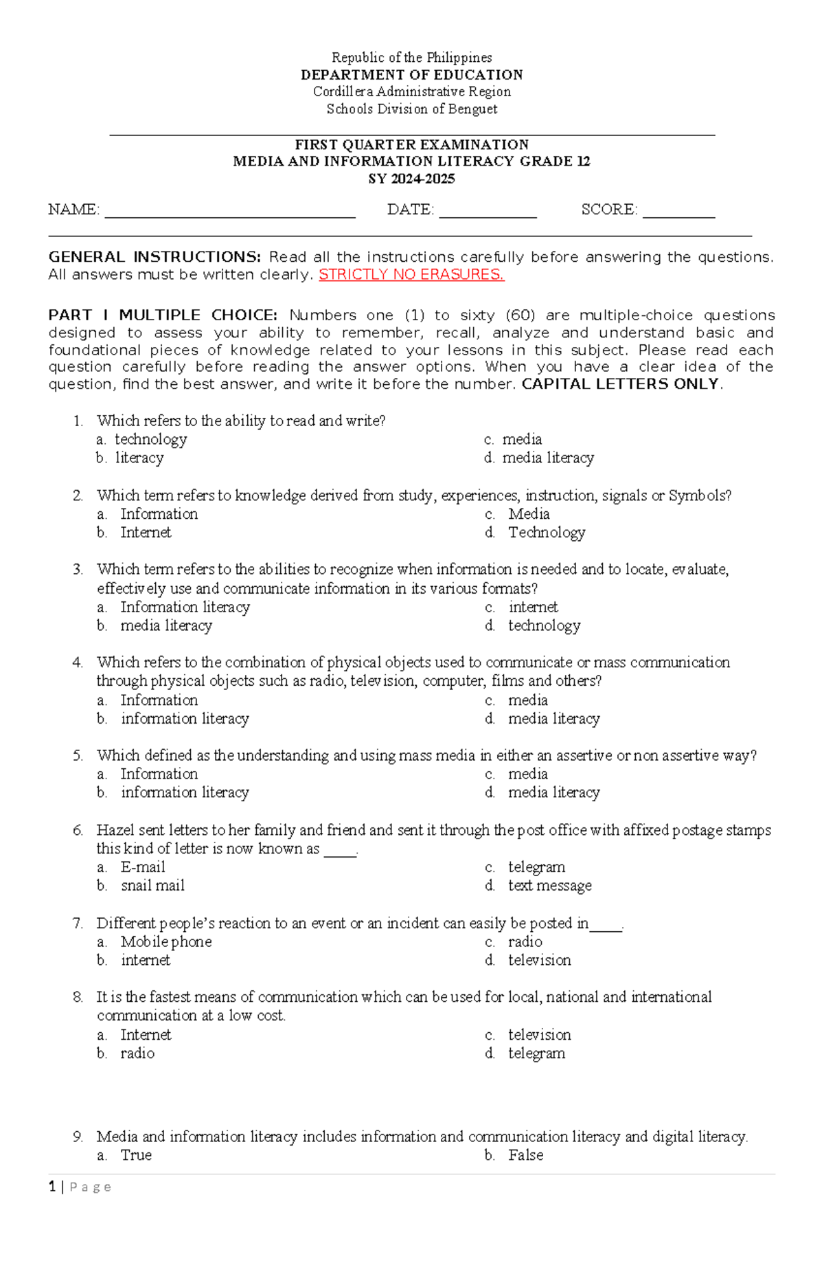 Q1 MIL Practice Test - Media and Information Literacy Grade 12 - Studocu