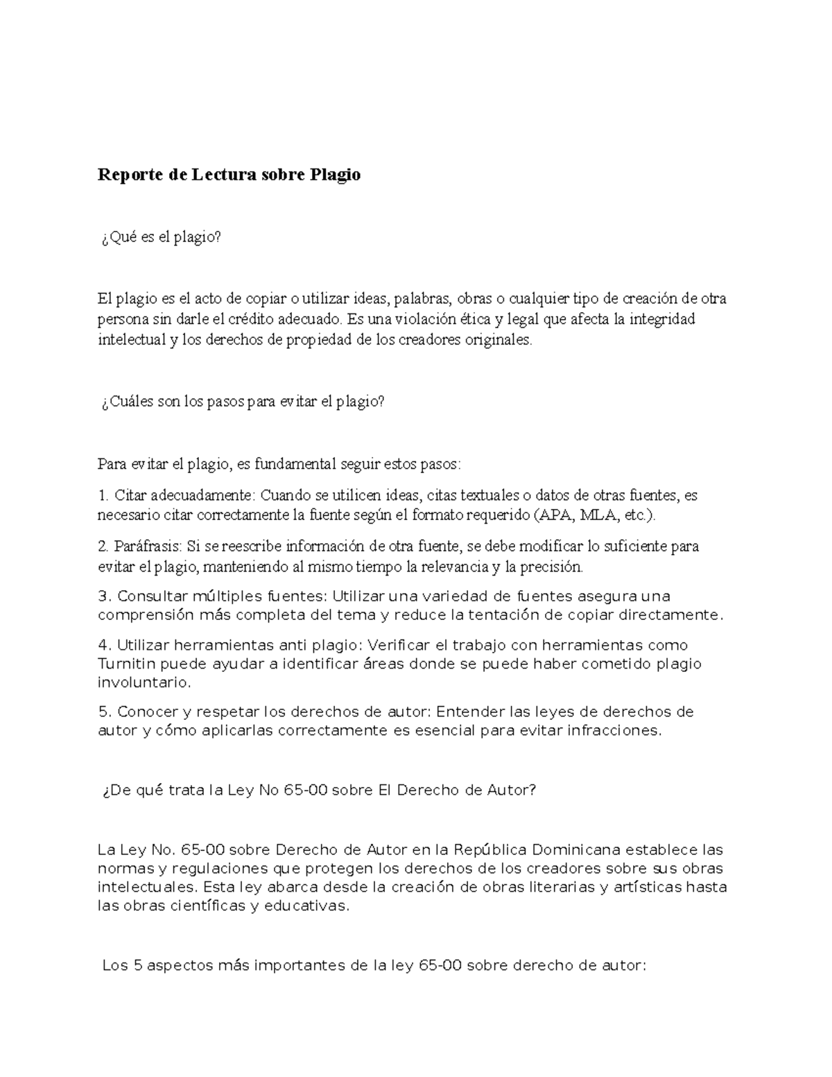 Reporte de Lectura: Plagio y Derecho de Autor en Infotecnología - Studocu