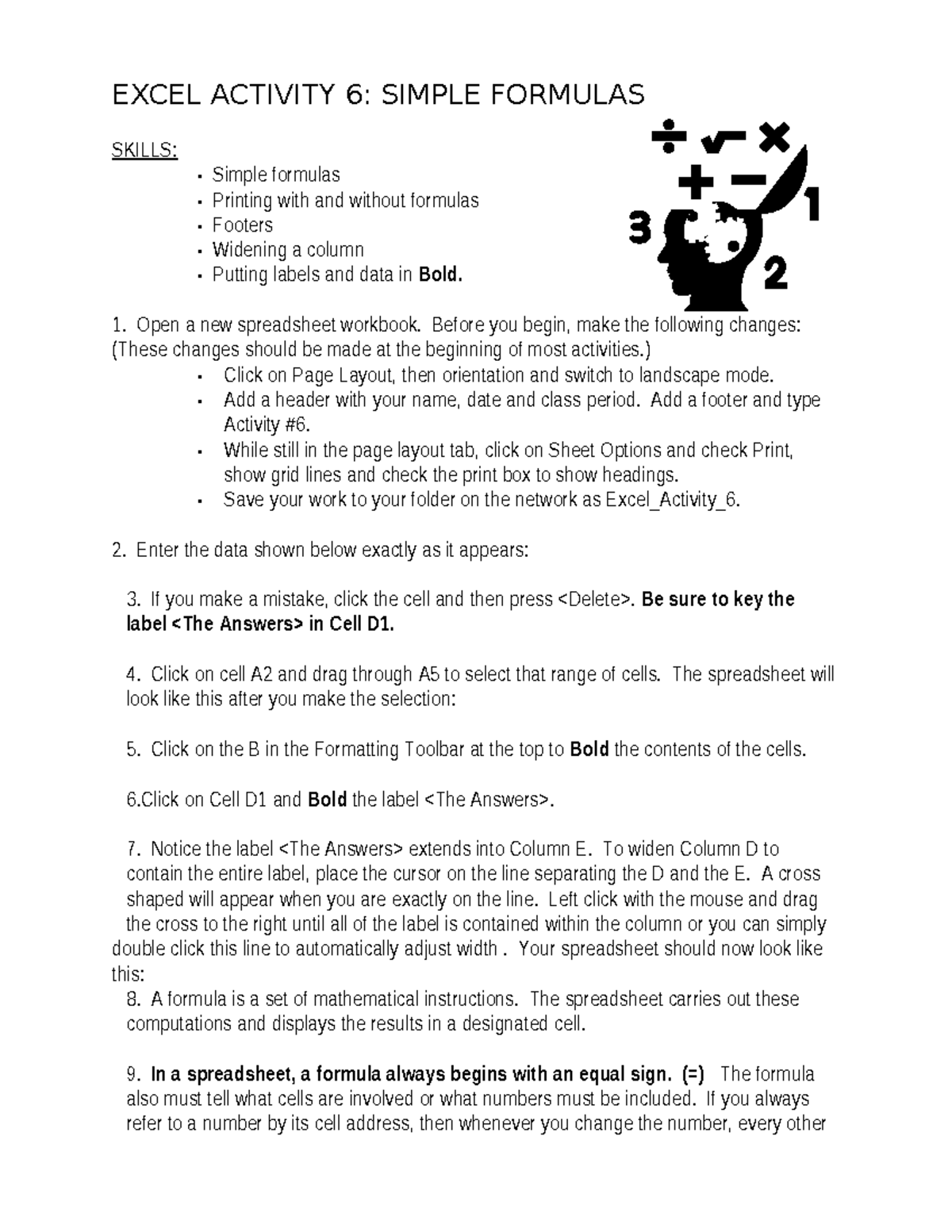 Excel activity 6 - N/A - EXCEL ACTIVITY 6: SIMPLE FORMULAS SKILLS ...