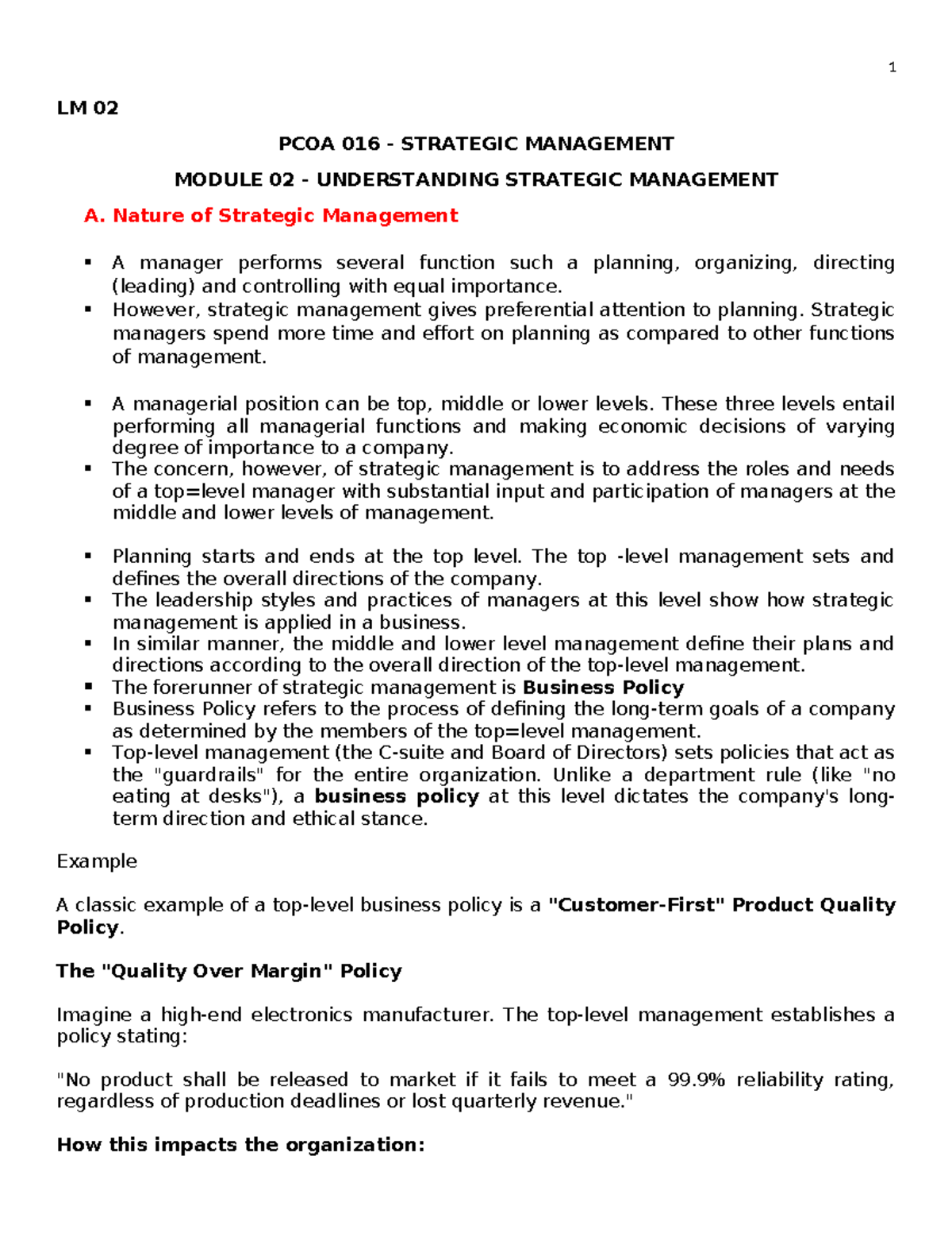 LM 02 PCOA 016 Strategic Management: Understanding Key Concepts and ...