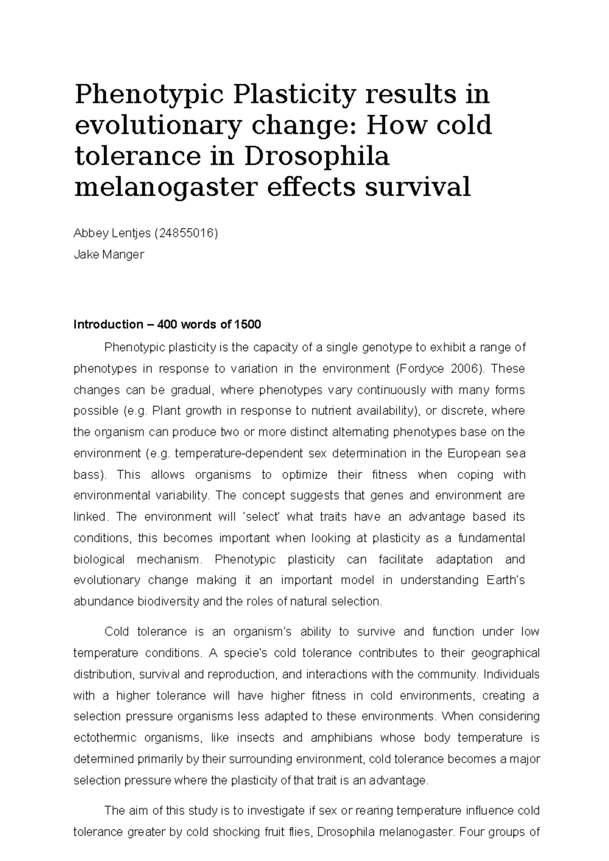 BIOL1130 Final Report: Cold Tolerance & Phenotypic Plasticity in ...