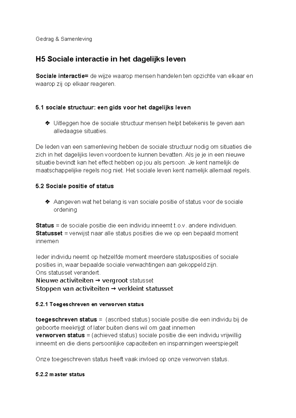 Gedrag & Samenleving H5: Sociale Interactie en Structuur - Studeersnel