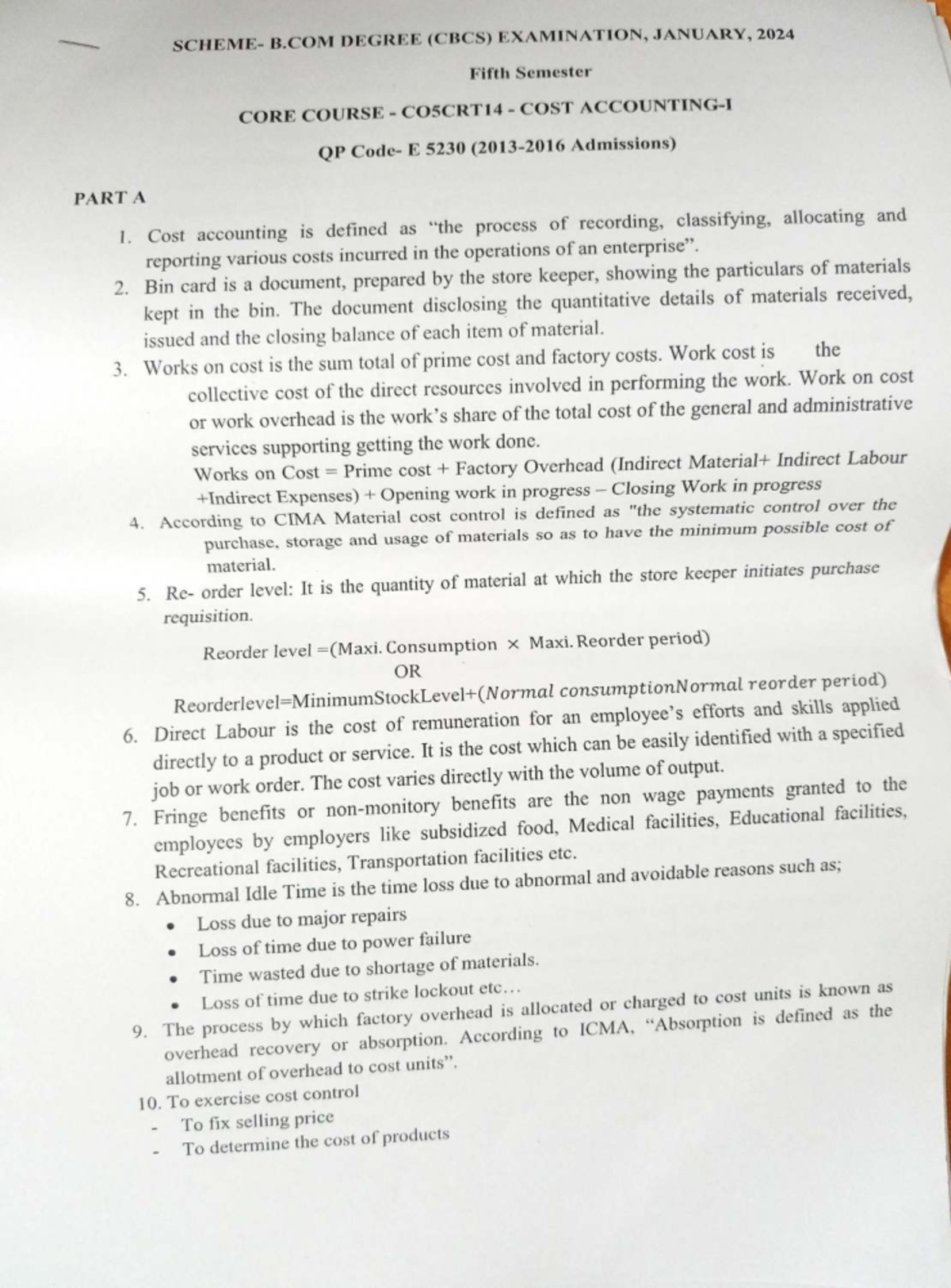 Cost Accounting QP - PYQ for B.COM (CBCS) Fifth Sem Exam, Jan 2024 ...