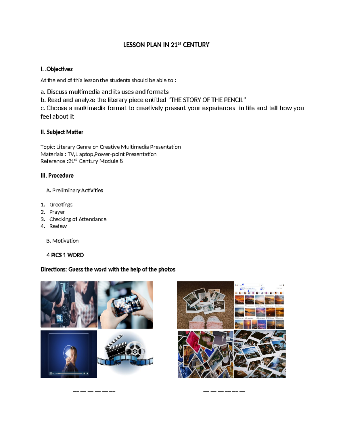 Lesson Plan for Creative Multimedia Presentation in 21st Century - Studocu