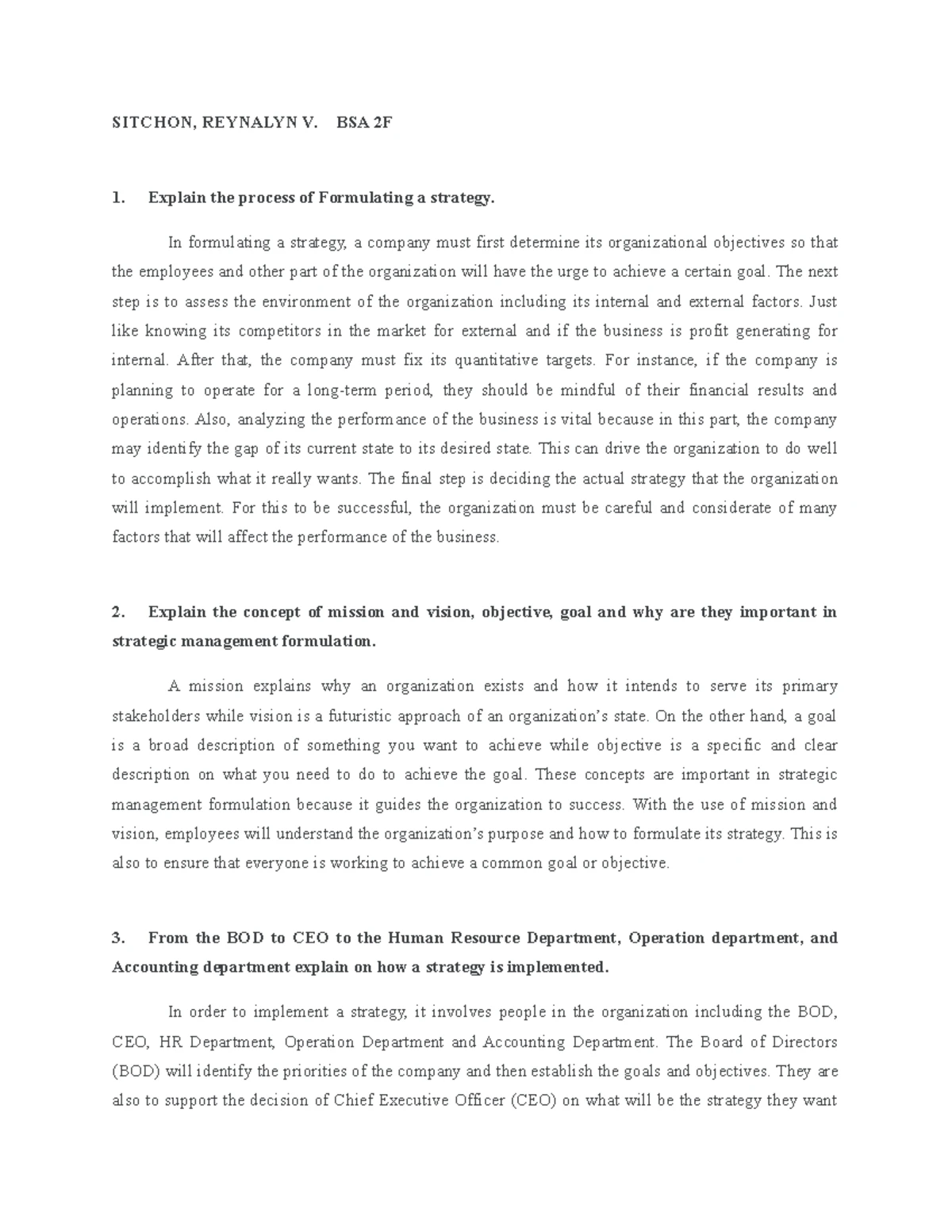 STRATEGIC MANAGEMENT Activity 1: True or False & Case Study Analysis ...