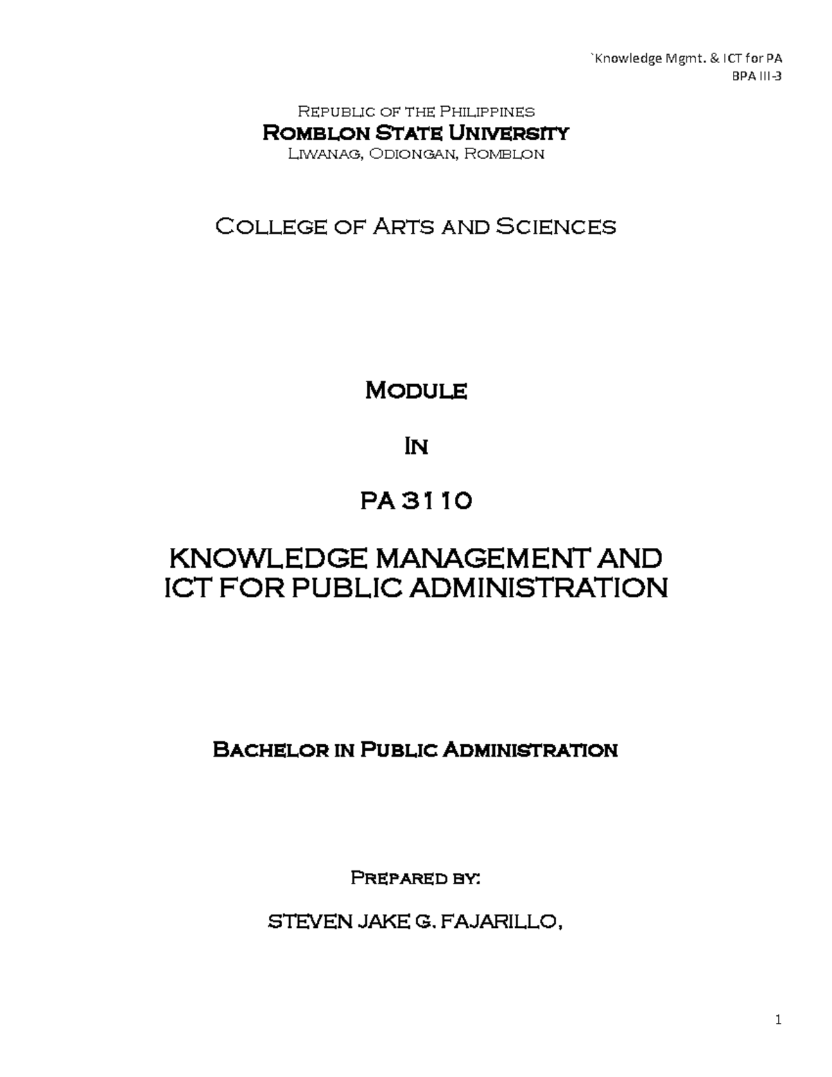 PA 3110 Module: Knowledge Management & ICT for Public Administration ...